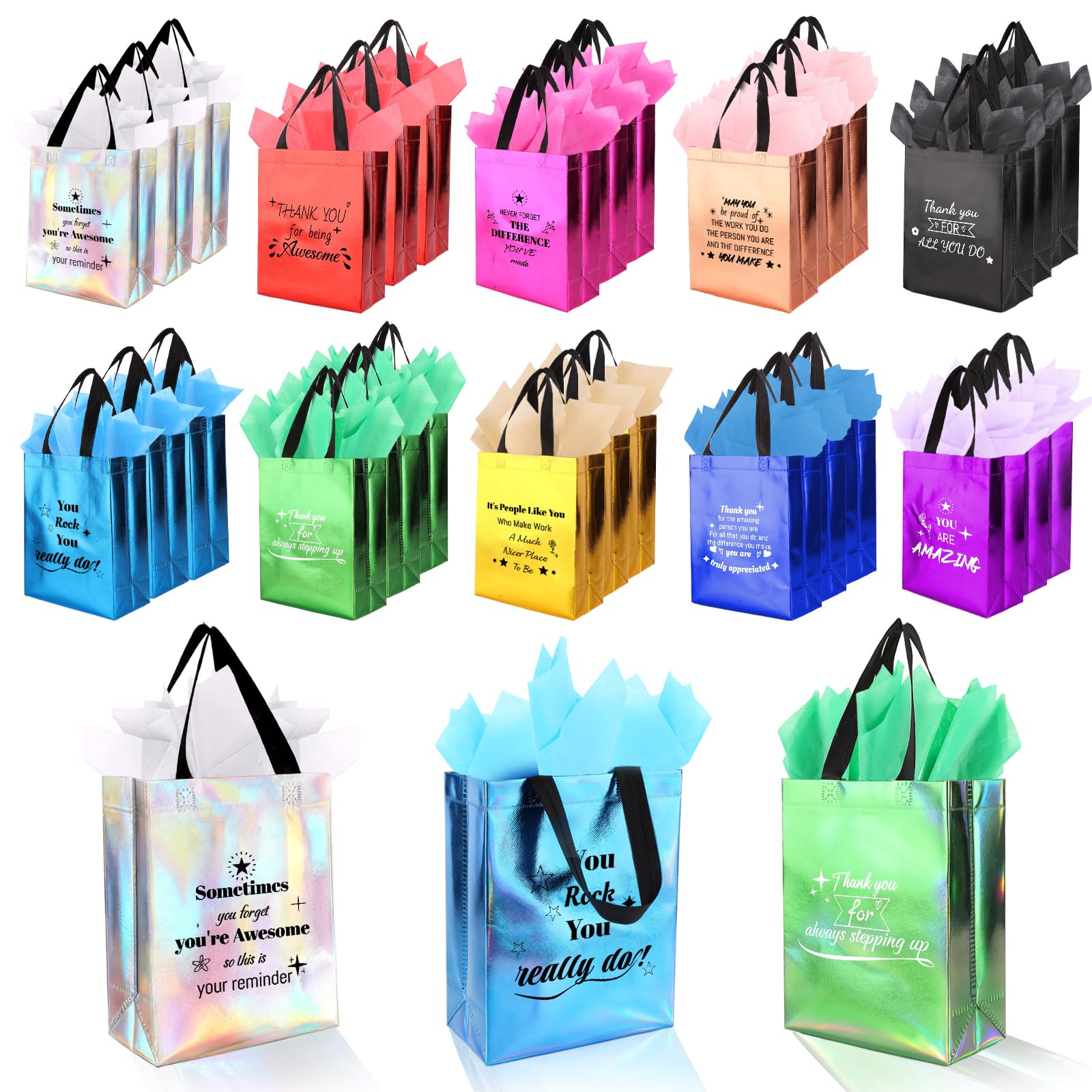 80 Pcs Reusable Gift Bags with Handles - Include 40 Iridescent Gift Bags & 40 Tissue Paper - Employee Appreciation Gifts Bulk for Staff, Team, Coworker, Teachers, Nurse, Thank You Gifts (Colorful)