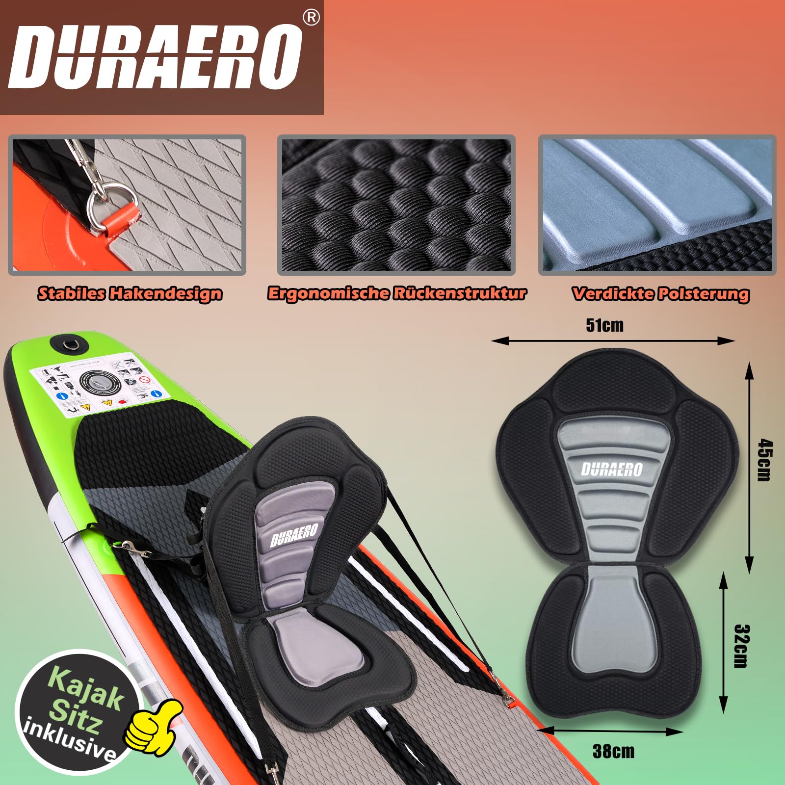 Stand up Paddle Board Aufblasbare SUP Board Set, 330x76x15cm, 3 abnehmbare Flosse, Kajak Sitz, Verstellbares Doppel-Paddel, Cam Halterung, Komplettes Zubehör, Tragkraft bis 150kg, Rot