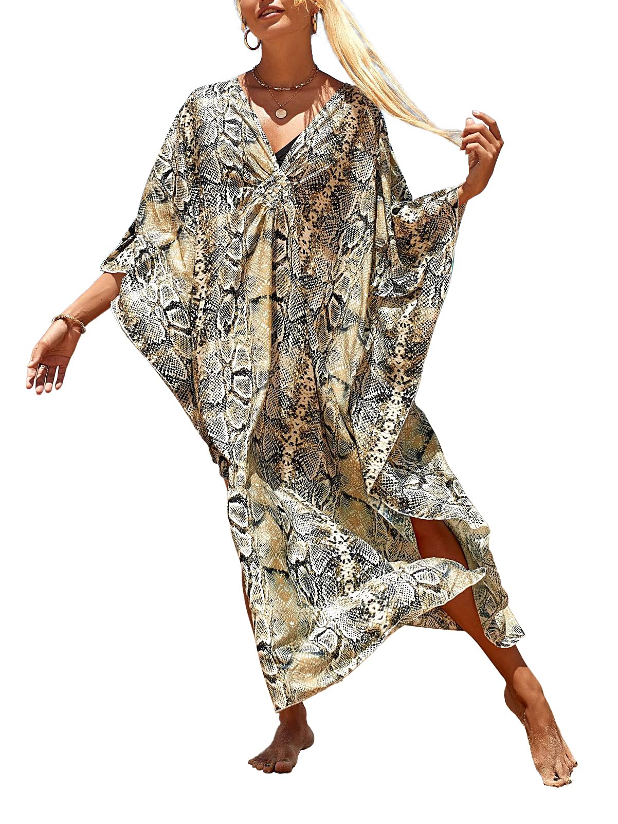 cthseie Women Animal Print Kaftan Dresses Plus Size Swimsuit Coverup Summer Bathing Suit Caftan Loungewear Beach Dress