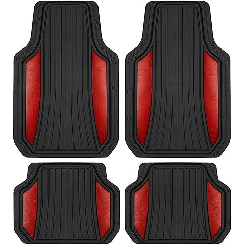 Motor Trend ChromeTech Car Floor Mats Full Set - Durable Rubber Floor Mats for Cars with Two Tone Accent, All Weather Interior Protection for Front and Rear with Non-Slip Backing, Red Chrome