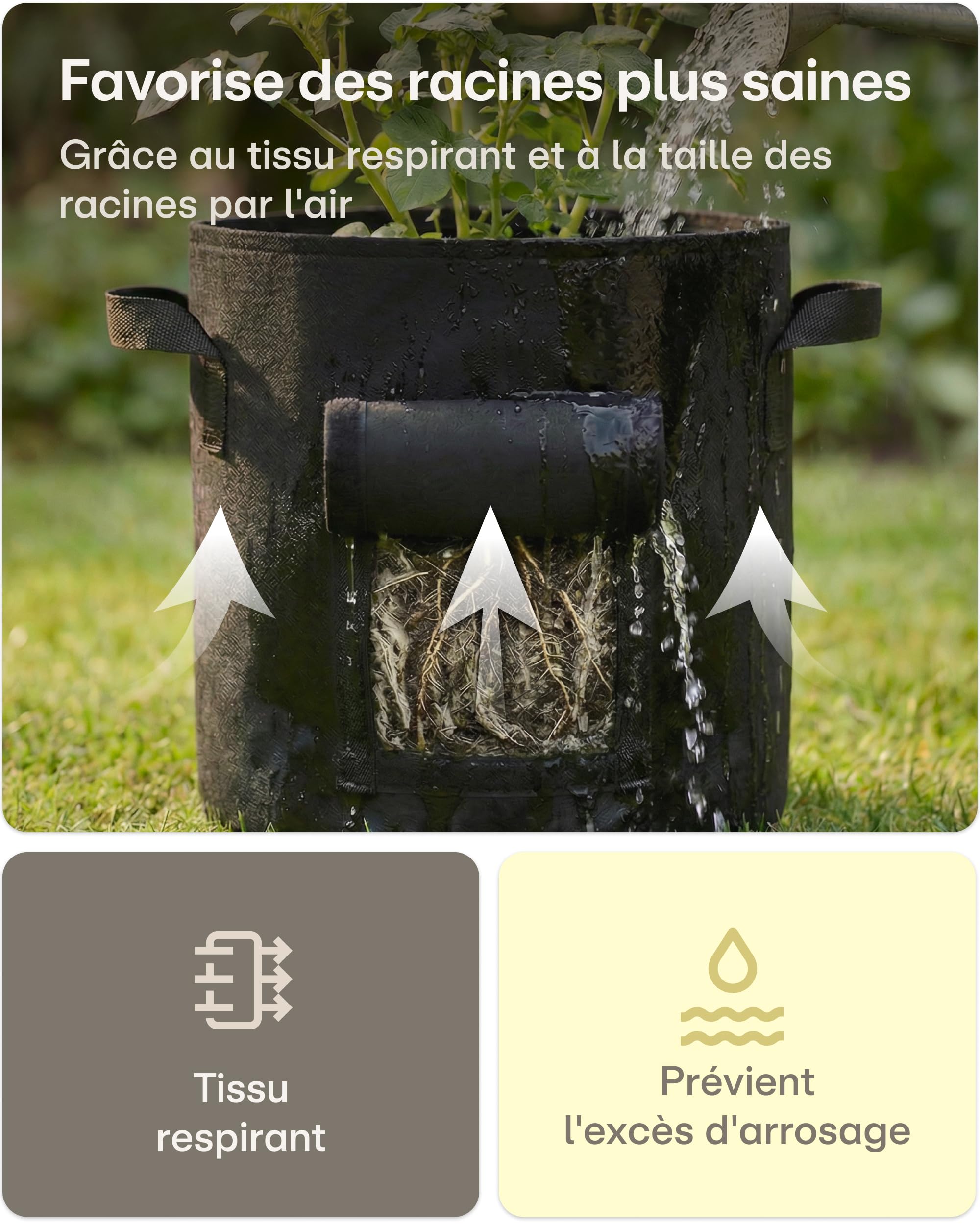 Praknu Sac de Plantation de Pommes de Terre - 3 Sacs à Plantes Grand 40L - avec Fenêtre et Étiquettes - Perméables - Lavables et Pliables