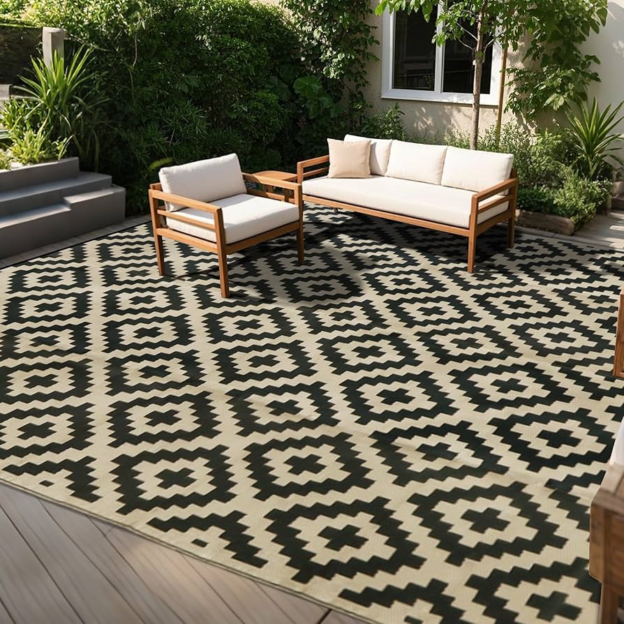 SAND MINE Reversible Mats, Plastic Straw Rug, Modern Area Rug, Large Floor Mat and Rug for Outdoors, RV, Patio, Backyard, Deck, Picnic, Beach, Trailer, Camping, Black & Beige, 10' x 14'