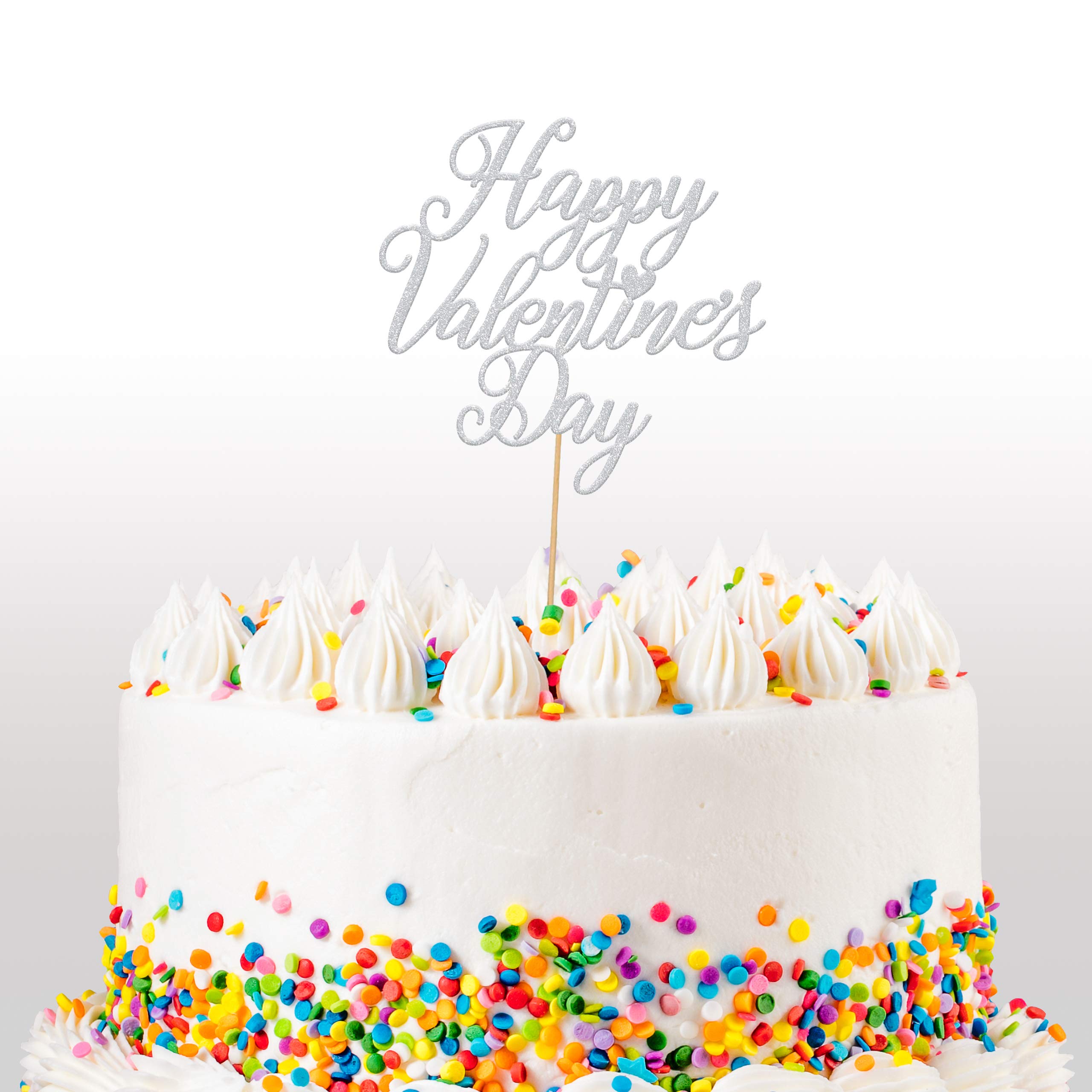 Valentines Glitter Cake Topper, Happy Valentines Day Cake Topper Decoration, Anniversary - Double Sided 400gsm Glitter Card, Choice 14 of Colours and Loads of Styles (Light Silver)