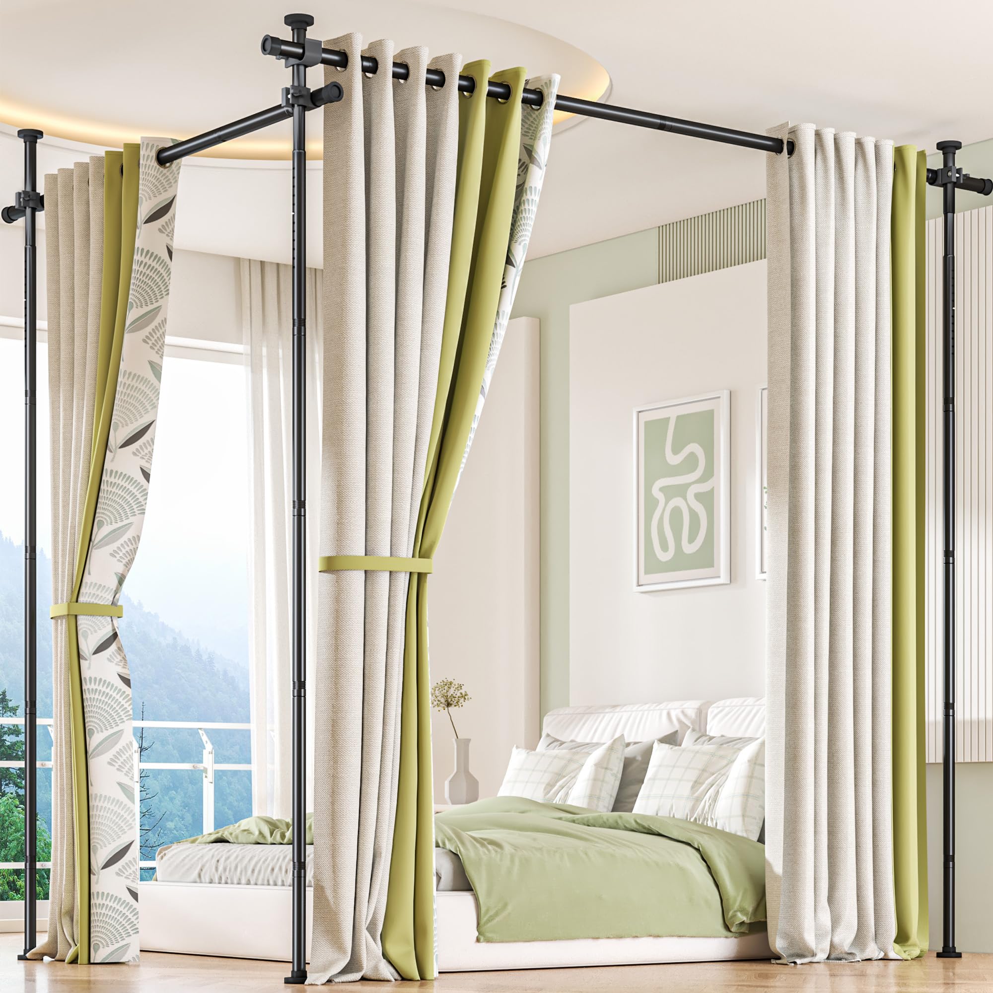 Photo 1 of Room Divider Curtain Rod, No Drilling Tension Rod for Room Separation, Adjustable 4-10ft(H) 30-147"(W) Heavy Duty Floor to Ceiling Wall Divider Space Partition Privacy Separator for Dorm Office, Black