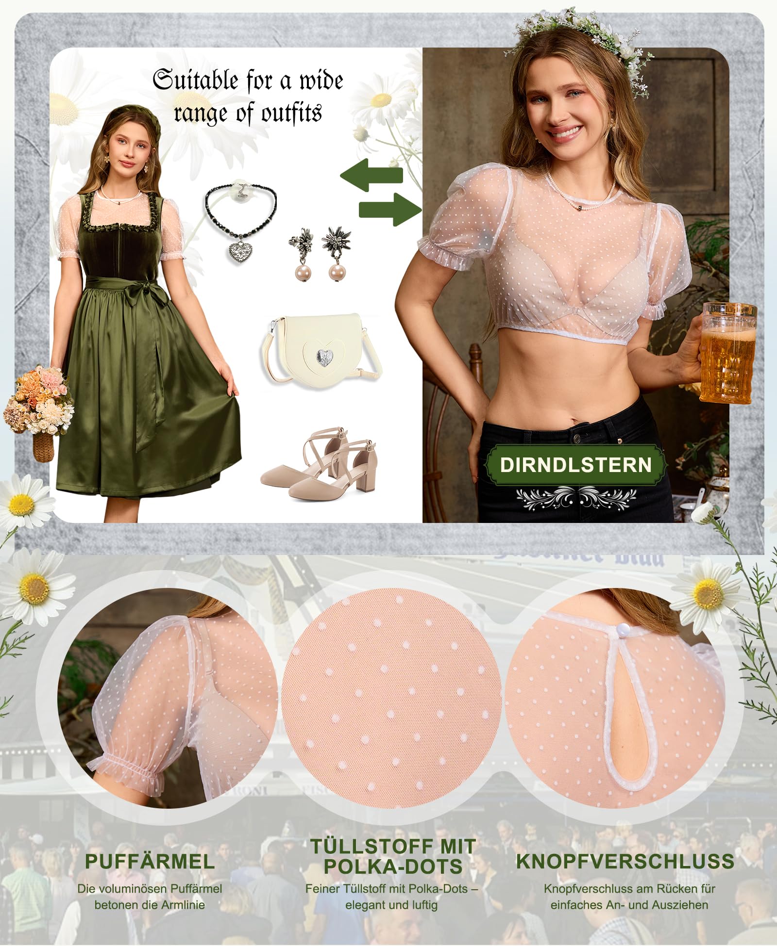 DIRNDLSTERN Bluse Damen – Dirndlbluse Transparent mit Punkten Puffärmel Trachtenbluse Kurzarm für Oktoberfest & Bayerische