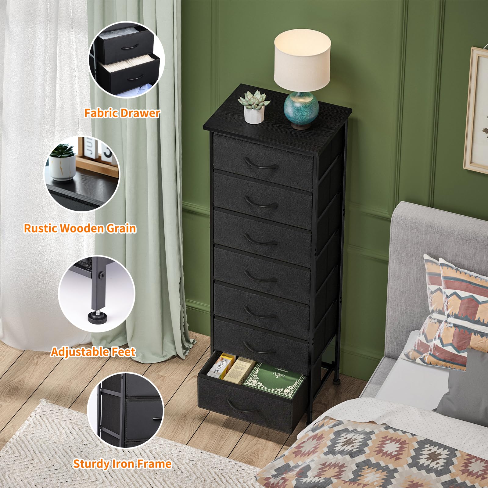 Cómoda alta negra para dormitorio, organizador de almacenamiento con 7 cajones de tela, muebles de mesita de noche en armario, entrada, pasillo 3