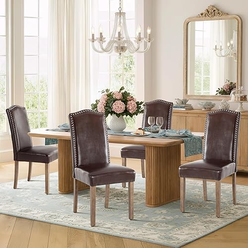 Miniatura 15 de Silla de comedor tapizada elegante Parsons con respaldo alto con ribete plateado de cabeza de clavo y patas de madera, paquete de 6, color marrón