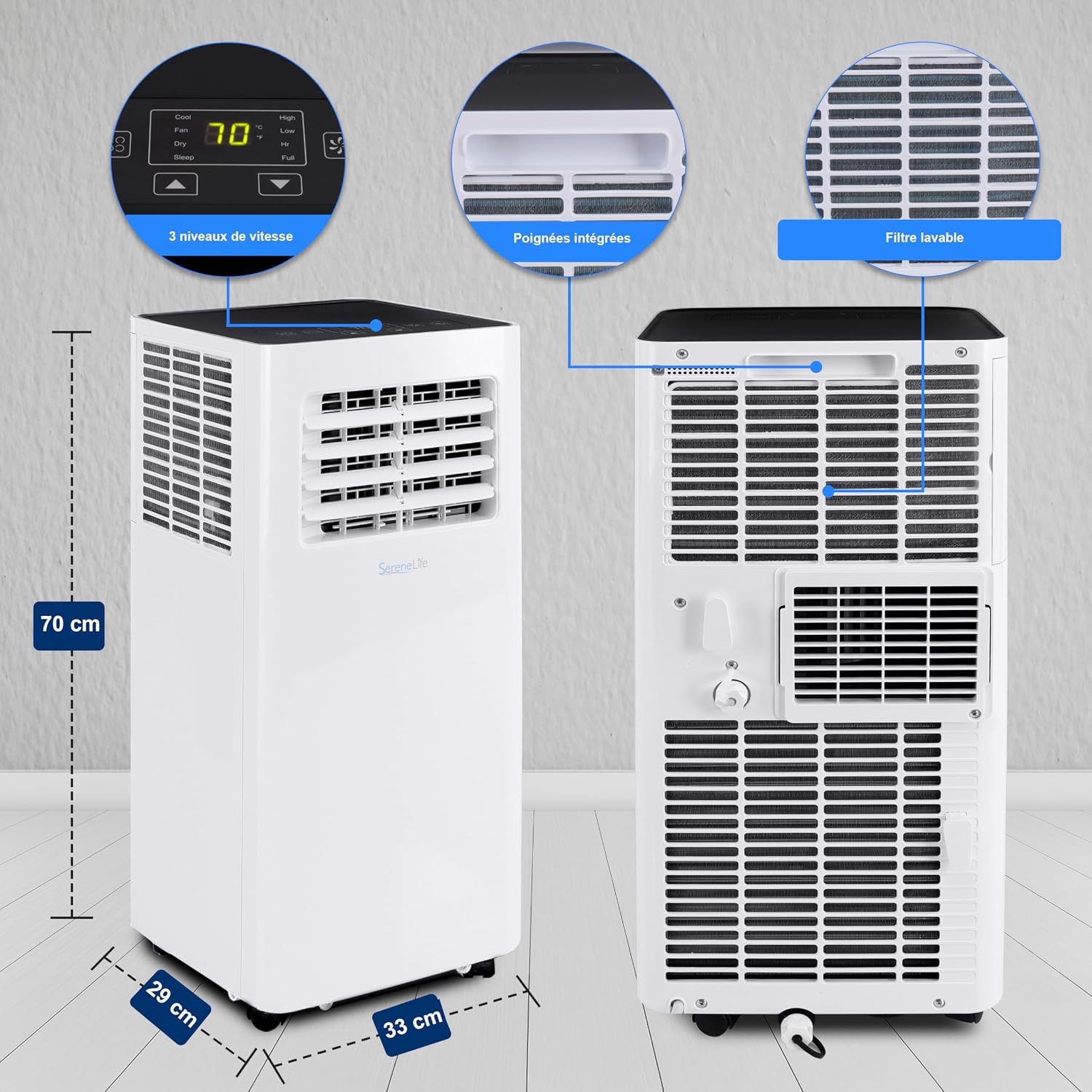 Image showing the dimensions of the air conditioner, integrated handles, and a close-up of the washable filter.