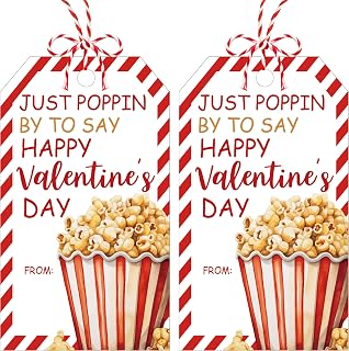 Just Poppin Happy Valentines Gift Tags, 50 Pcs Valentine Tags with String, Popcorn Design Thank You Label for Gift Wrapping, Valent Day Decoration-Red White