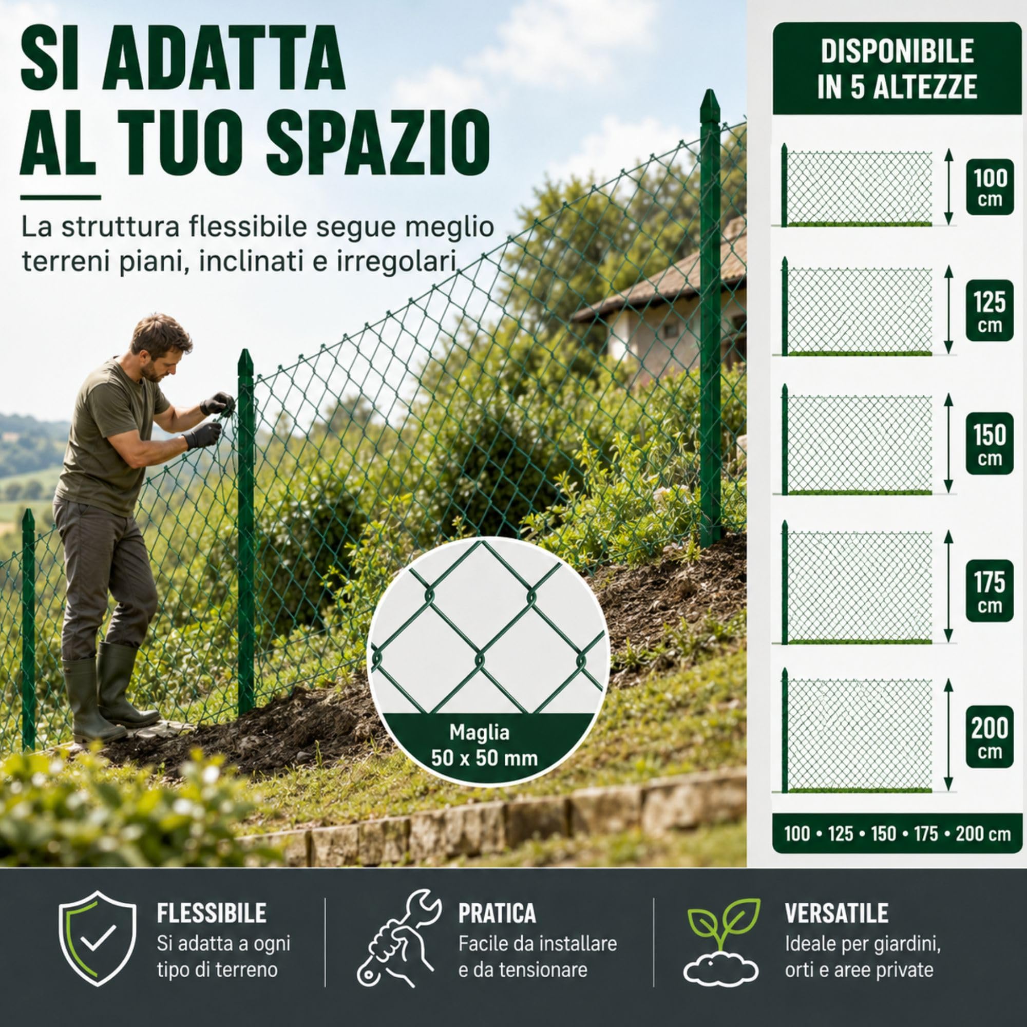 ITALFROM Rotolo 25mt Recinzione Rete Metallica Zincata Plastificata Maglia Sciolta Maglia:mm50X50 Diametro Filo:mm2,4 Altezza Rete:150 cm cod.2173
