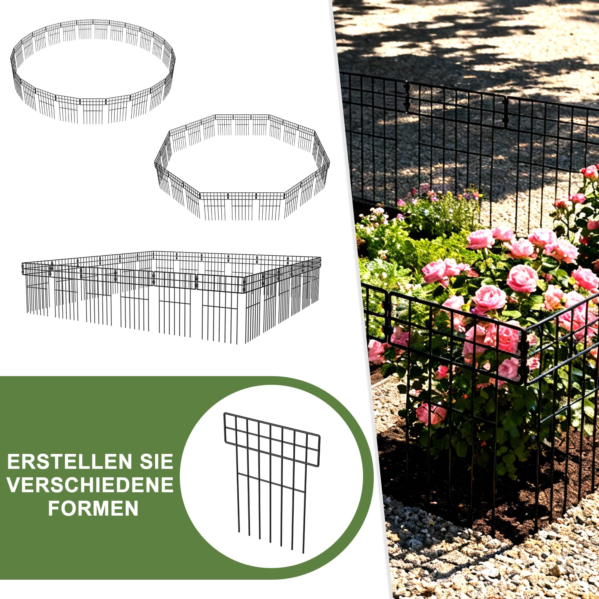 XMTECH Dekorativer Gartenzaun aus Metall, 25 Stück, 42x32cm, Schwarz, Mobiler Zaun für Hunde, Blumenbeet & Hof, Camping, Steckzaun, Zaun Garten, Hundezaun - Type B