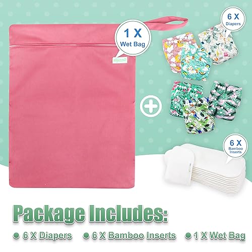 Miniatura 6 de wegreeco Pañales de tela, paquete de 6 con 6 insertos y 1 bolsa húmeda, pañales de tela lavables para bebés, talla única ajustable reutilizable