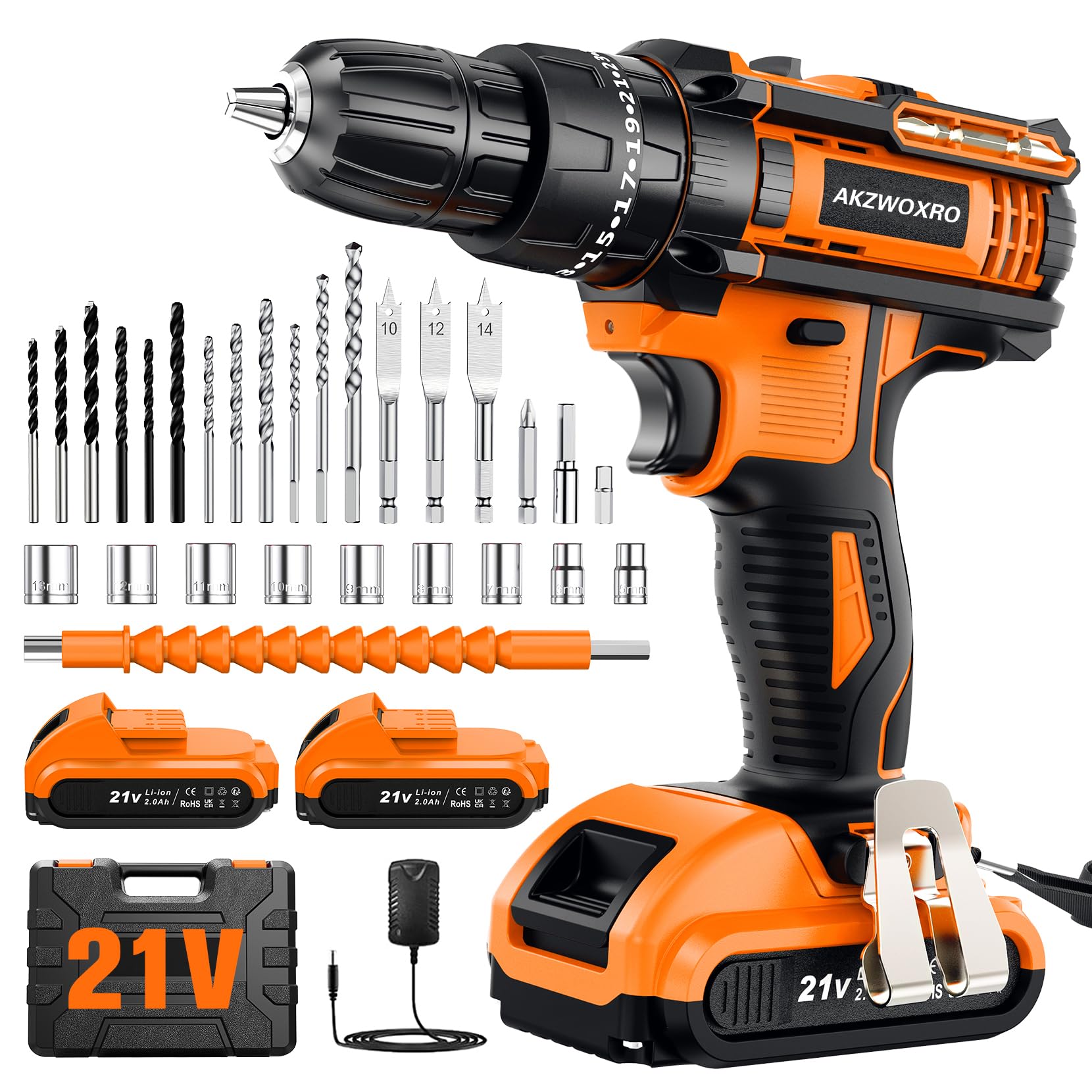 AKZWOXRO 21V Cordless Drill Driver with 2 x 2.0Ah Batteries, 42N.m Torque, 2 Speeds, 25 + 3 Pairs, 30 Accessories, LED Light, for DIY, Home and Garden
