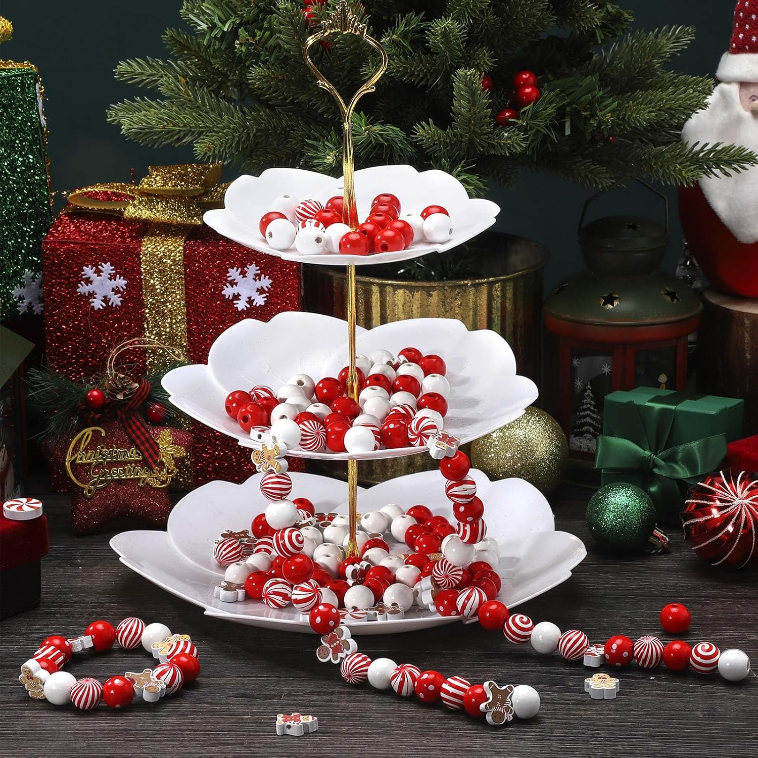 Misdary 200 Pcs Christmas Beads for Crafts Wooden Christmas Beads Red and White Peppermint Candy Gingerbread for Jewelry Making Holiday DIY Garland Party Tree Hanging Home - Image 5