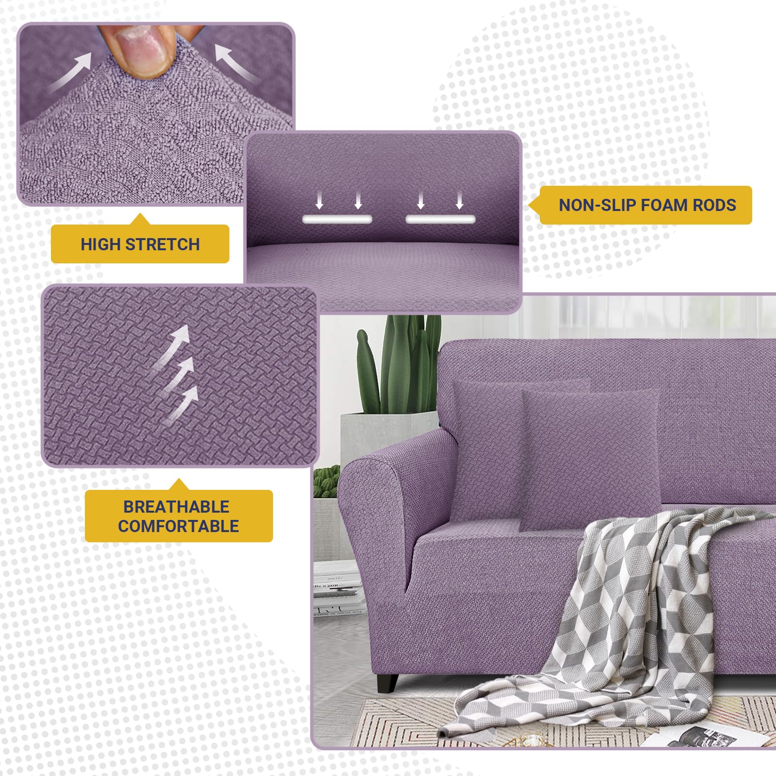 Lydevo Copridivano 3 Posti con Braccioli Fodere per Divano Jacquard Nuovo Spessore Rivestimento per Divano con 2 Copricuscini Universale Divano Protector per Animali,Tattile Jacquard#Viola