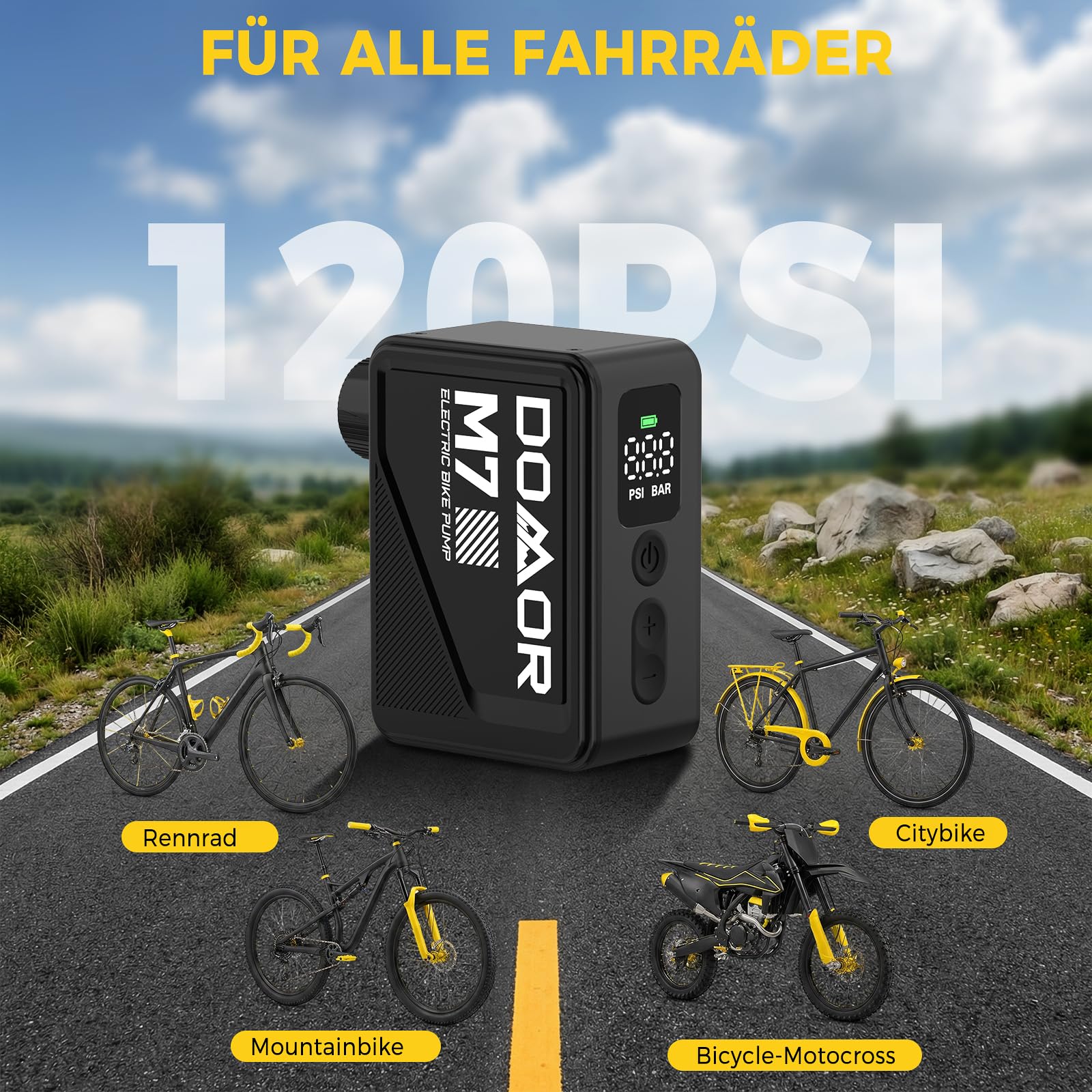 Mini pompka rowerowa, maks. 120 psi, elektryczna pompka powietrza z zaworem Presta i Schradera, do rowerów górskich, miejskich i wyścigowych