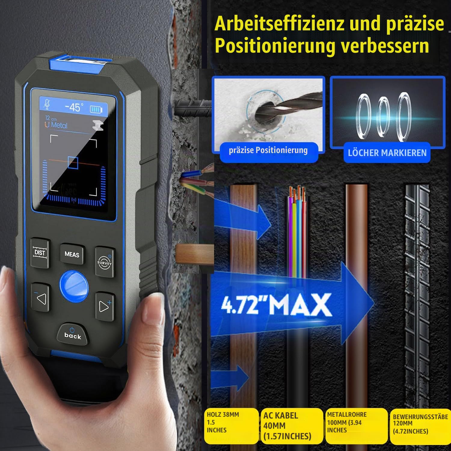 Kabelortungsgerät Professionelles Ortungsgerät Wandscanner Bolzensucher | Detektor Holz/Eisenmetalle/Bolzen/Nichteisenmetalle/Kabel/Rohre Doppelte akustische und visuelle Warnsignale NF-518