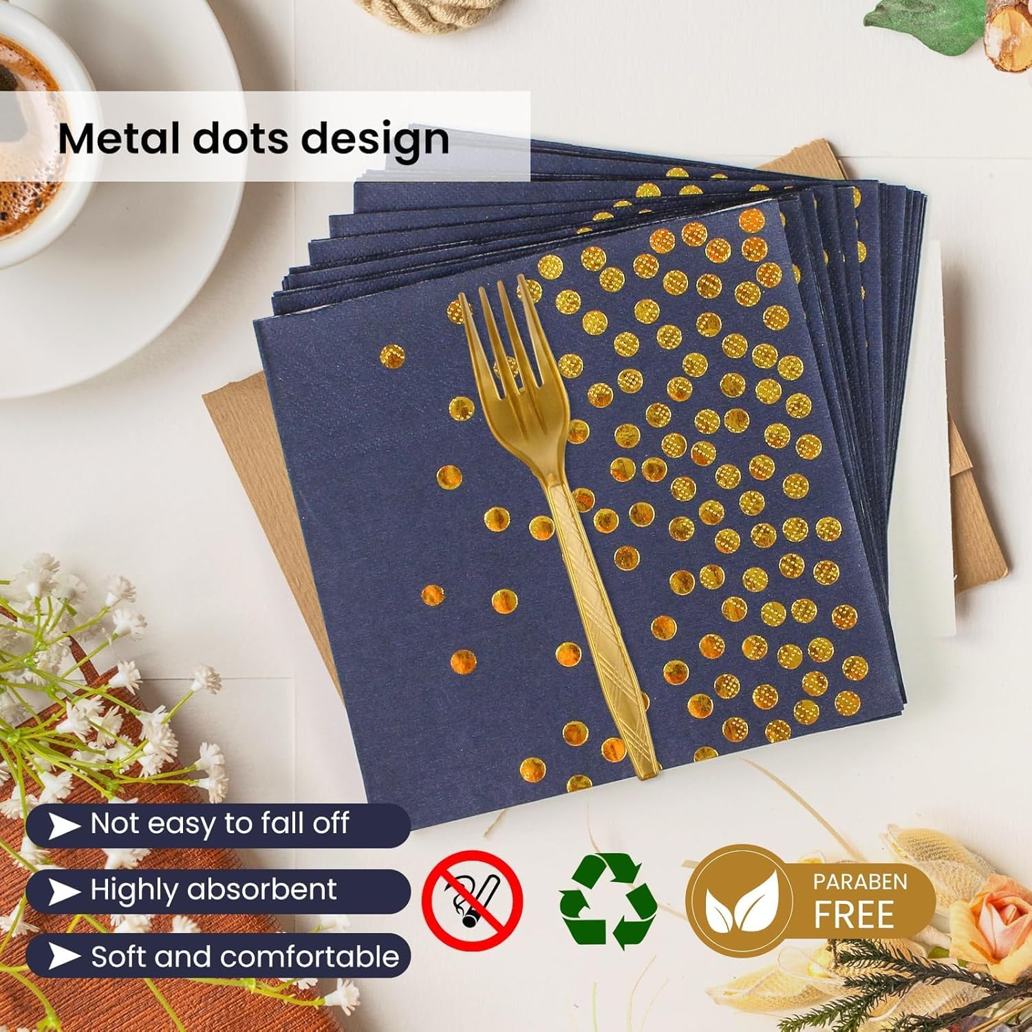 75PCS Blue and Gold Paper Plates and Napkins Party Supplies Blue Gold Dessert Plates Navyblue Napkins Disposable Paper Tableware Set for Birthday Retirement Baby Shower Parties Decor Serves 25 image 4