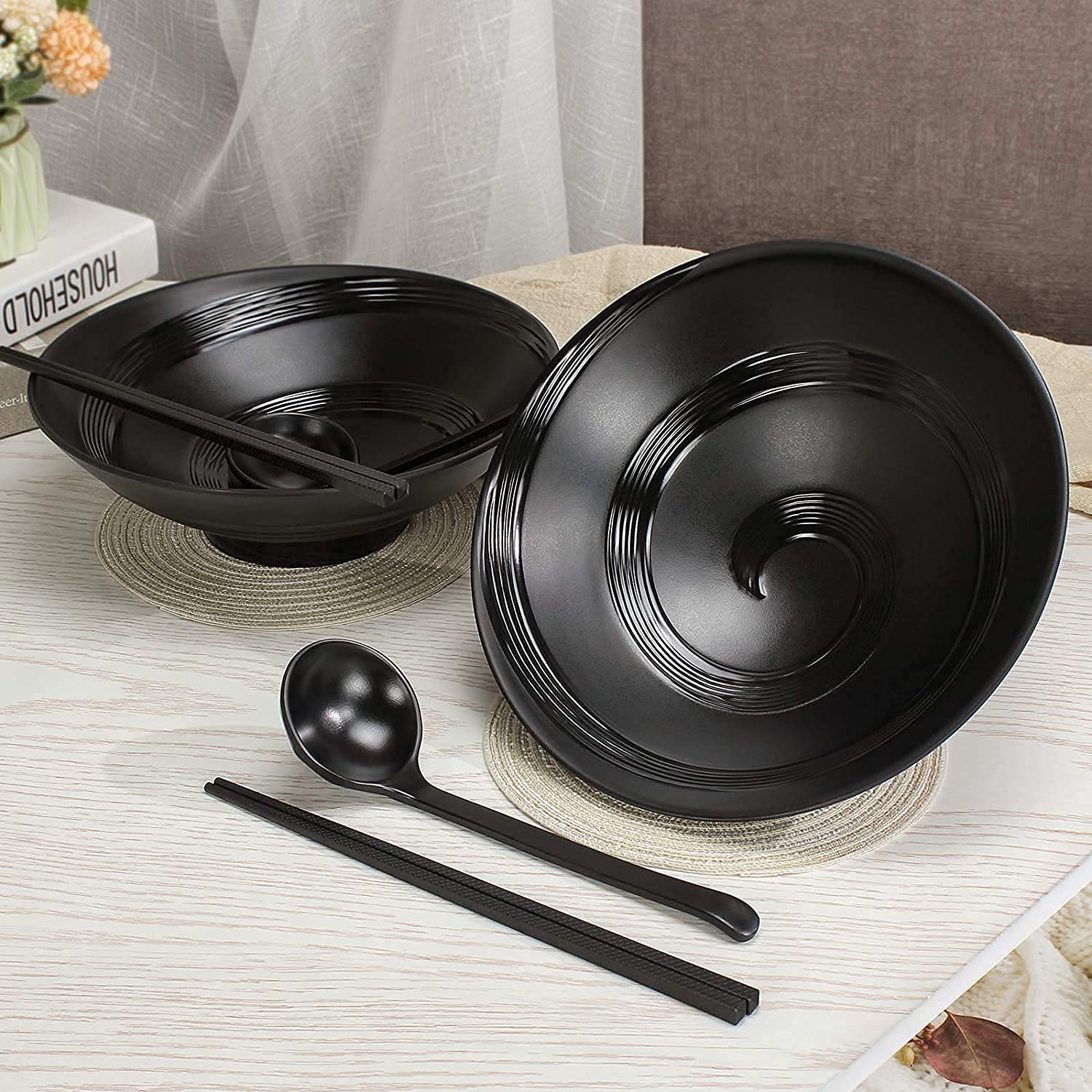 2 Cuencos Japoneses para Ramen, Cuenco De Sopa De Plástico Ecológico De Melamina, Adecuado para Fideos Udon, Fideos Soba, Ramen, Fideos Asiáticos, con Cuchara
