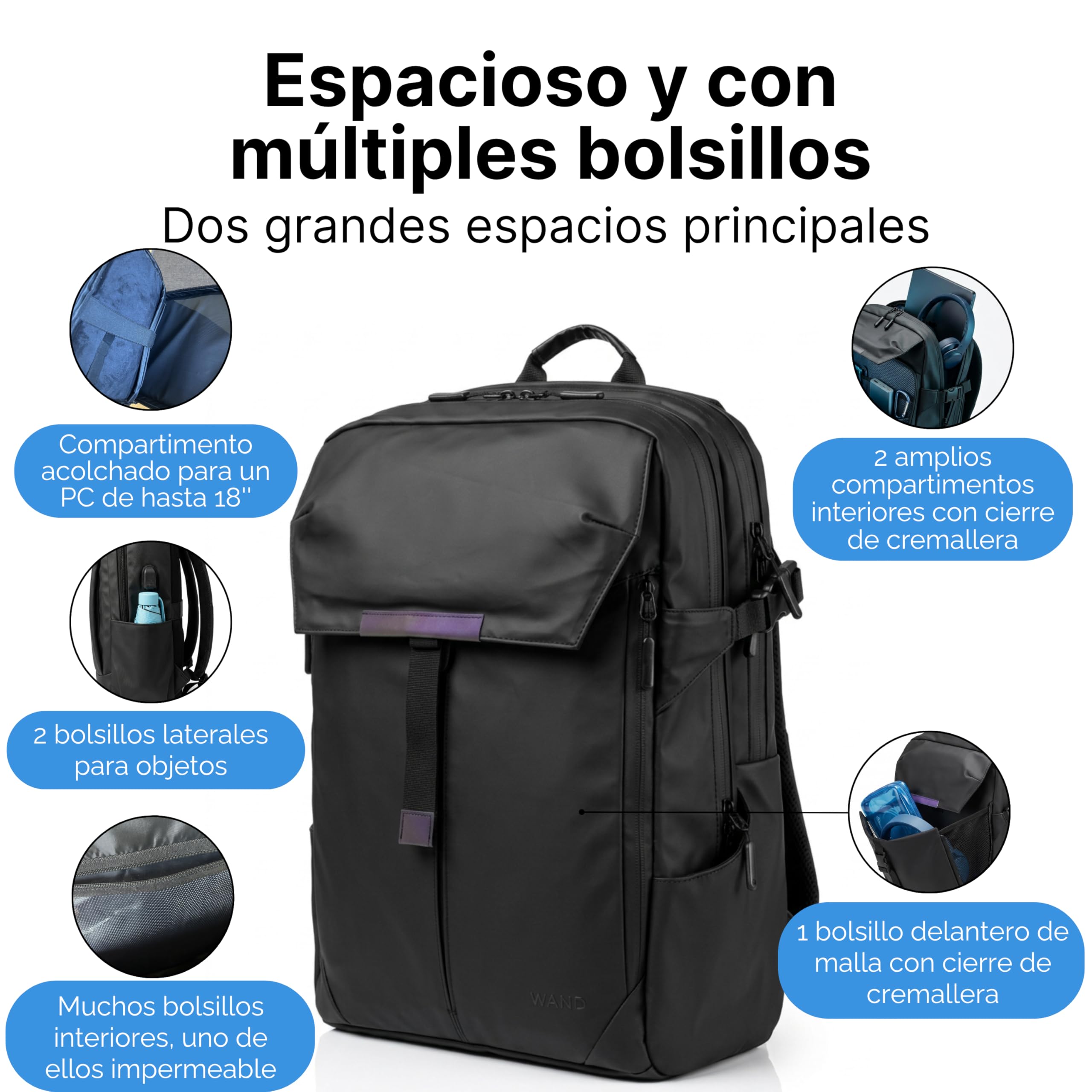 MASC Mochila de Viaje Impermeable y Ergonómica con Múltiples Compartimentos, 27L, ideal como Mochila de Trabajo con espacio para un Portátil de 18 pulgadas, Elegante para la Oficina