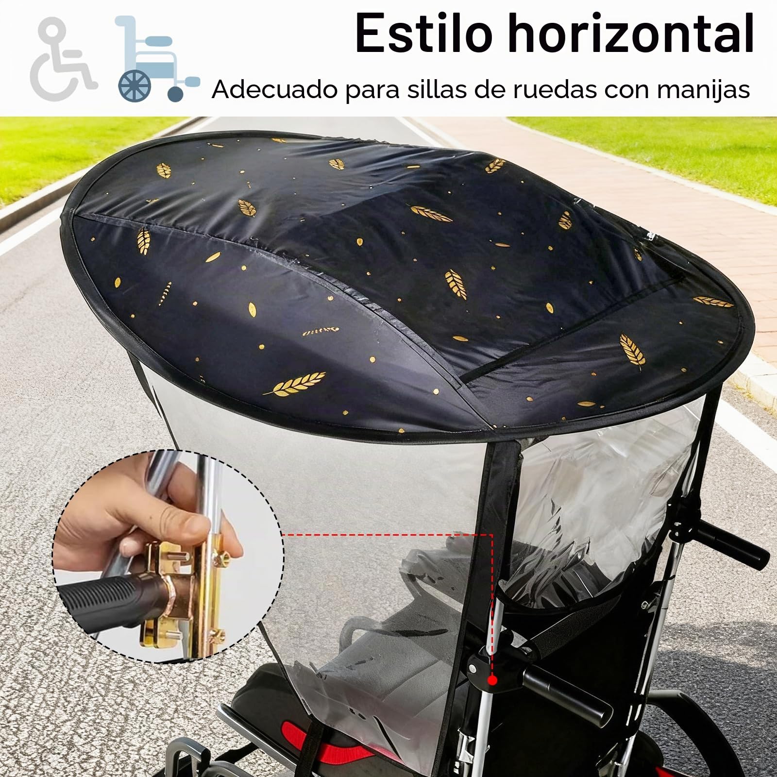 Toldo para Silla de Ruedas Eléctrica, Ajustable Protección Solar y Lluvia, Resistente al Viento, Impermeable, Antirayos UV, Fácil Instalación Compatible con Sillas Manuales y Eléctricas