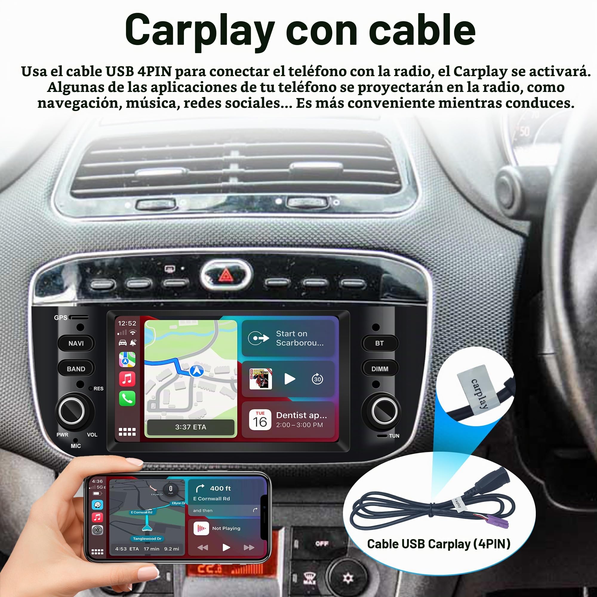 Radio de Coche Android 6,2" para Fiat Linea y Punto EVO (2010–2017) – CarPlay con Cable y Android Mirror Link, Navegación GPS, Bluetooth, WiFi, Radio FM, Control del Volante, 2GB RAM + 16GB ROM