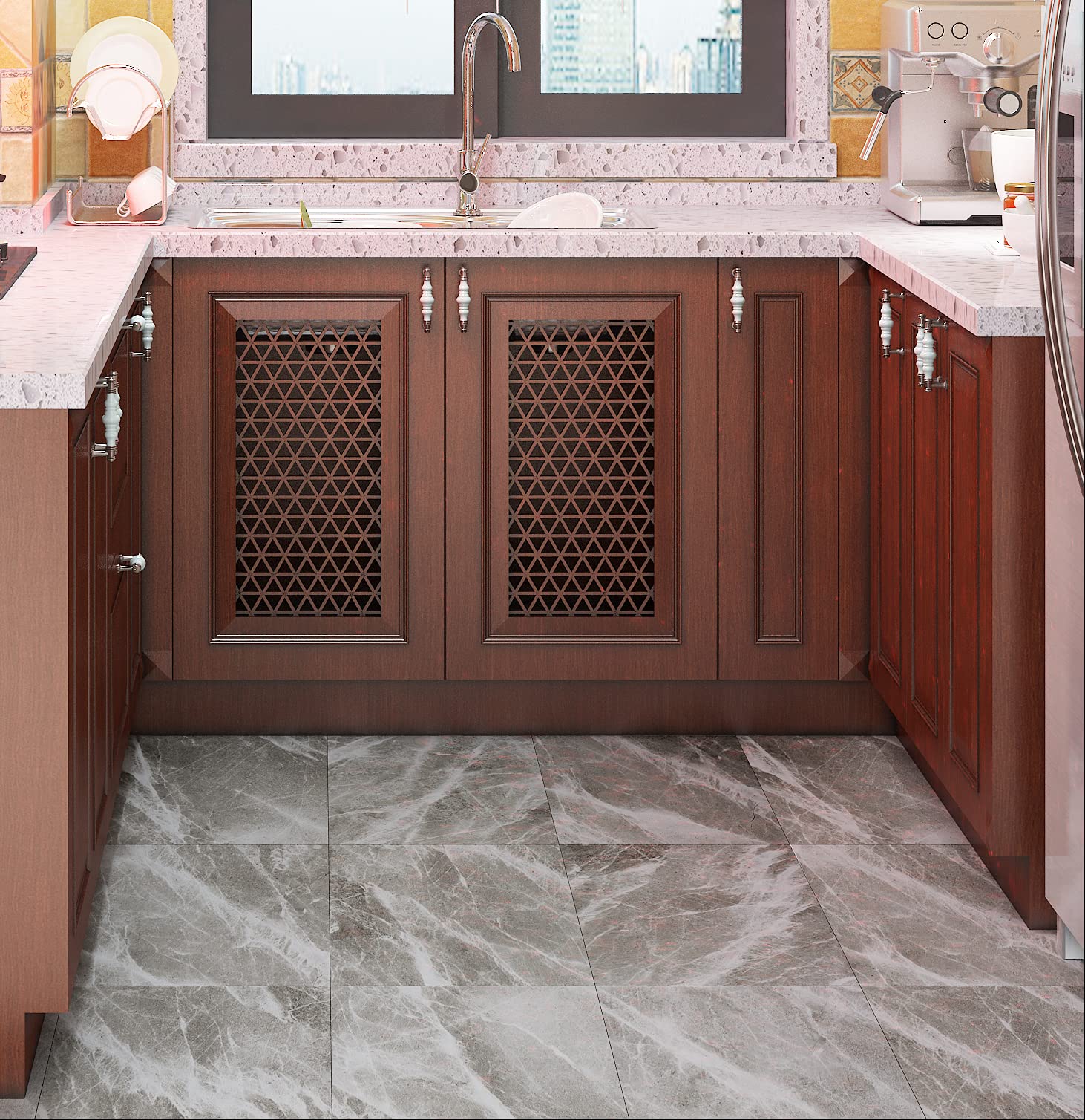 Livelynine Pavimento PVC Adesivo Bagno Piastrelle Adesive Pavimento 30x30 Mattonelle Pavimento Interno Pavimento Adesivo Marmo Grigio Linoleum Pavimento Moderne per Cucina Stanza Camera, 4 Piastrelle