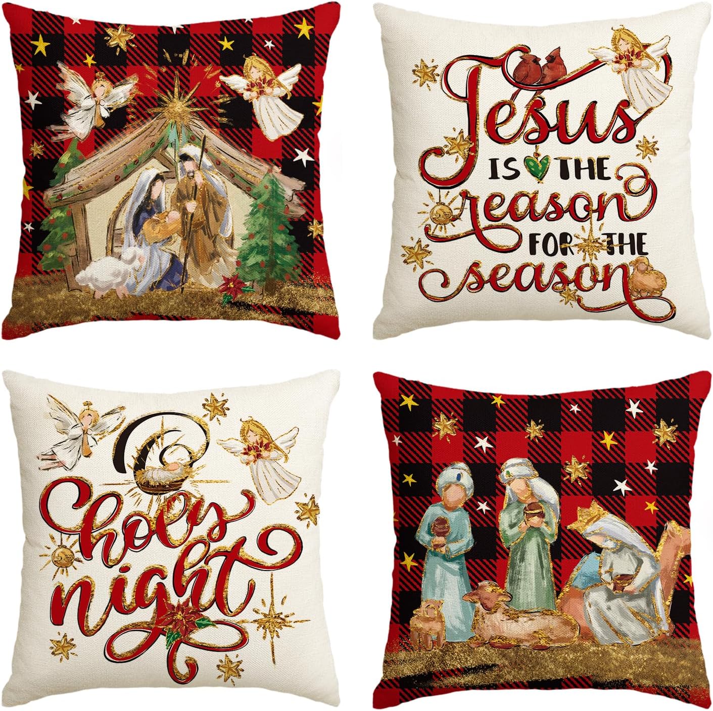 AVOIN colorlife Christmas O Holy Night Jesus Cardinal Buffalo Plaid Throw Pillow Covers, 18 x 18 Inch Christmas Saying Winter Holiday Cushion Case Decoration for Sofa Couch Set of 4 18" x 18" (Pack of 4)