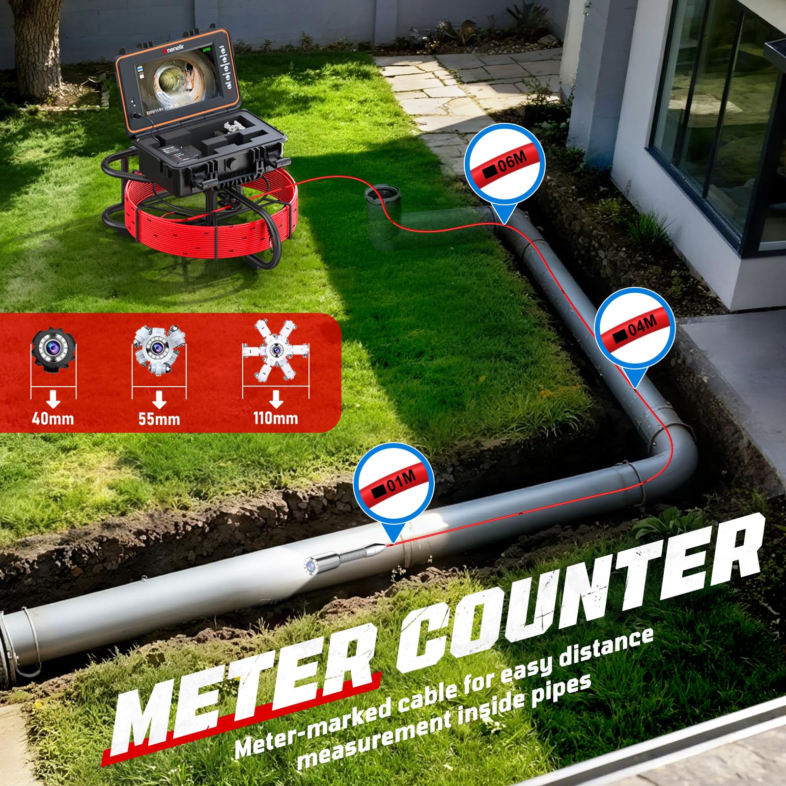 Caméra D'inspection Canalisation 20m 1080P - écran 9 Pouces, étanche IP68, Autonivellement, DVR Intégré, Pour Plombier