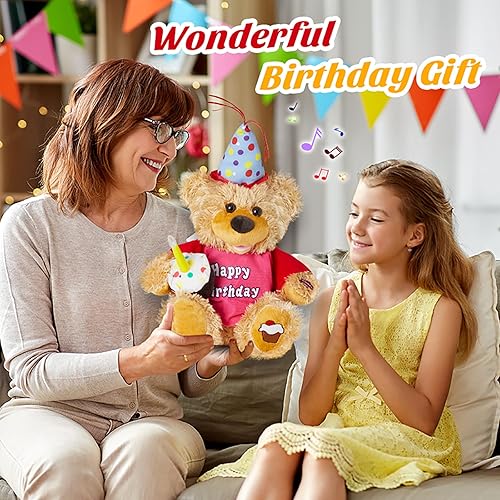 Miniatura 6 de Houwsbaby Oso de peluche de cumpleaños de 13.5 pulgadas, juguete de peluche musical eléctrico con cupcake, vela brillante, regalos para niños,