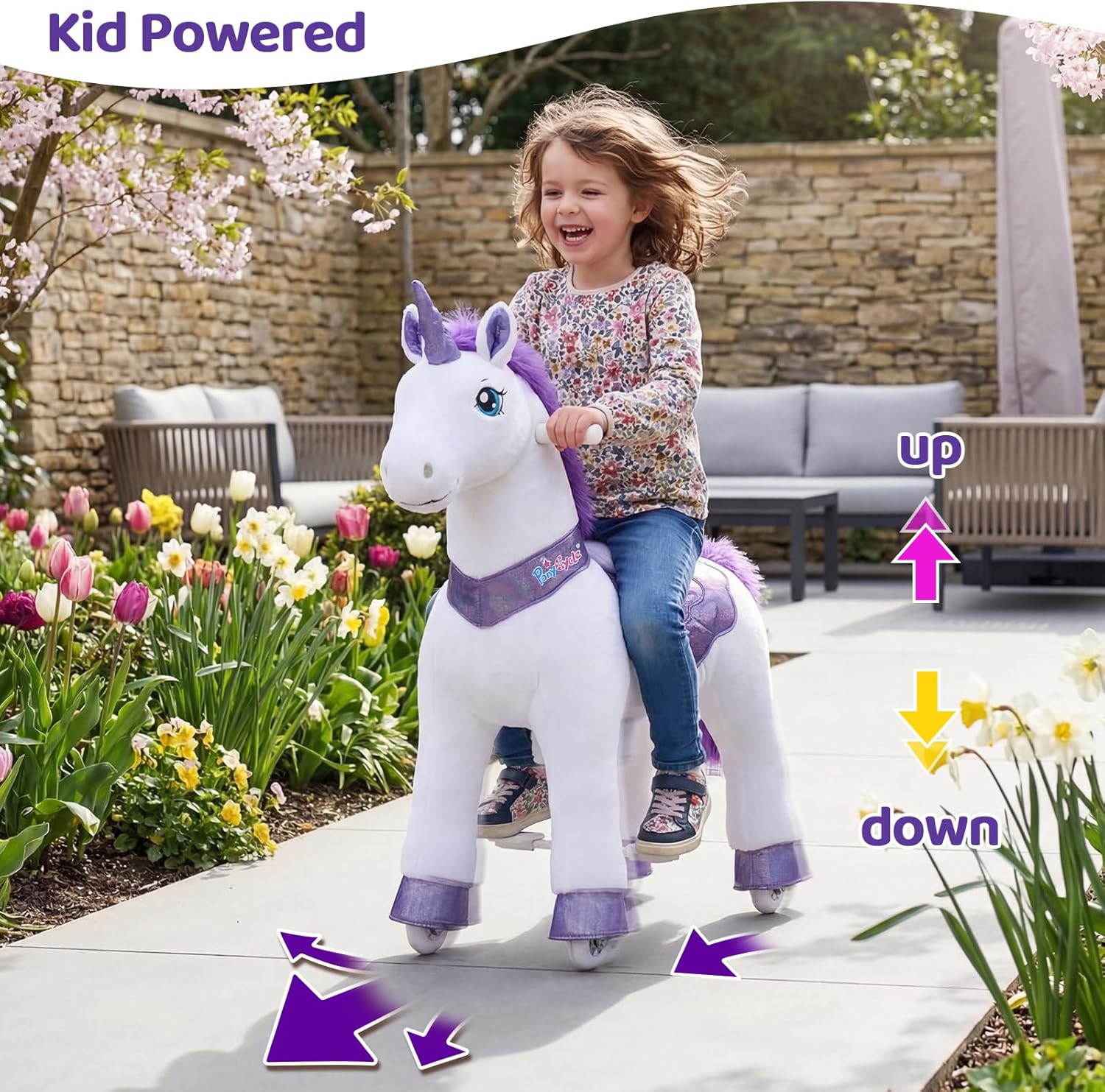 PonyCycle Ride on Unicorn for Kids 4-7 with Brake, Unicorn Gifts for Girls (35.4" Height/Size 4) Plush Interactive Riding Rocking Riding Horse Ride on Toy Spirit Toys Stuffed Animal Purple E413
