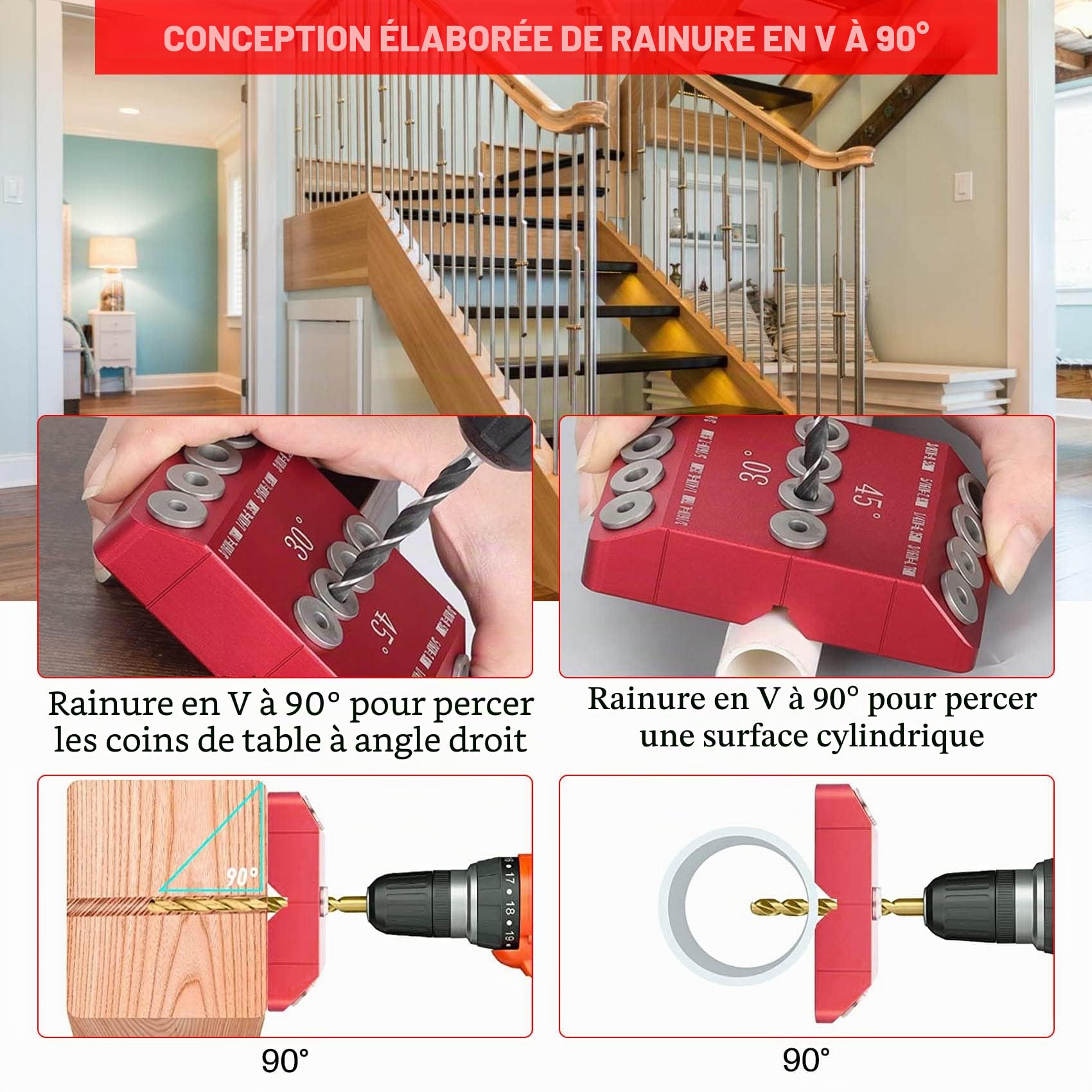 Dima de guide pour trous de forage à angle 30/45/90° pour trous angulaires et droits, Dima de perçage pour retard pour garde-corps pour câbles, 1 pièce