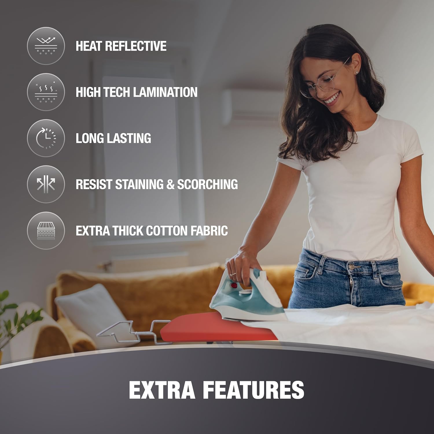 Extra Thick Ironing Board Covers with Pad Standard Size 15x54, Heat Reflective Full Scorch Resistant Padding, Snug Fit Non-Slip Nose Pocket Fastener Straps Elastic Edges, Orange