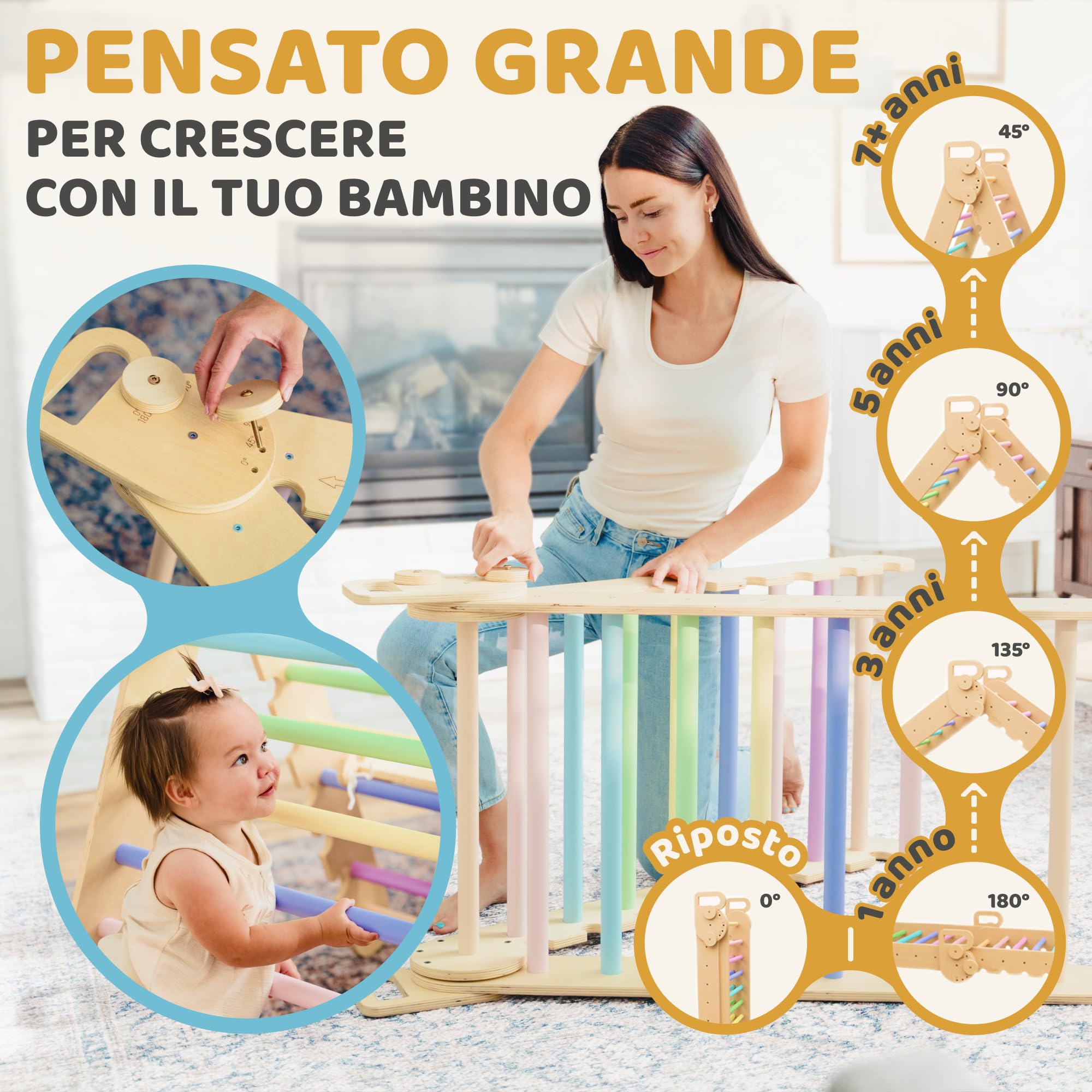 9in1 Montessori triangolo grande da 1 a 7+ anni – 5 angoli regolabili – set di palestra in legno con arco Montessori e rampa per l'arrampicata per bambini da esterno ed interno