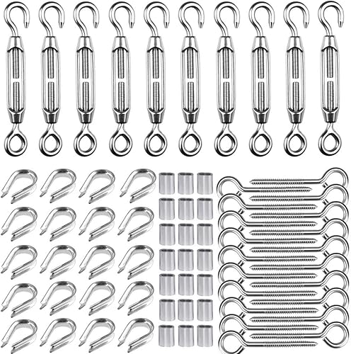 TooTaci Tensores para cable de alambre 18, 90 piezas de tensor de cable de acero inoxidable para poste de madera, con gancho y ojo de tensor M5,