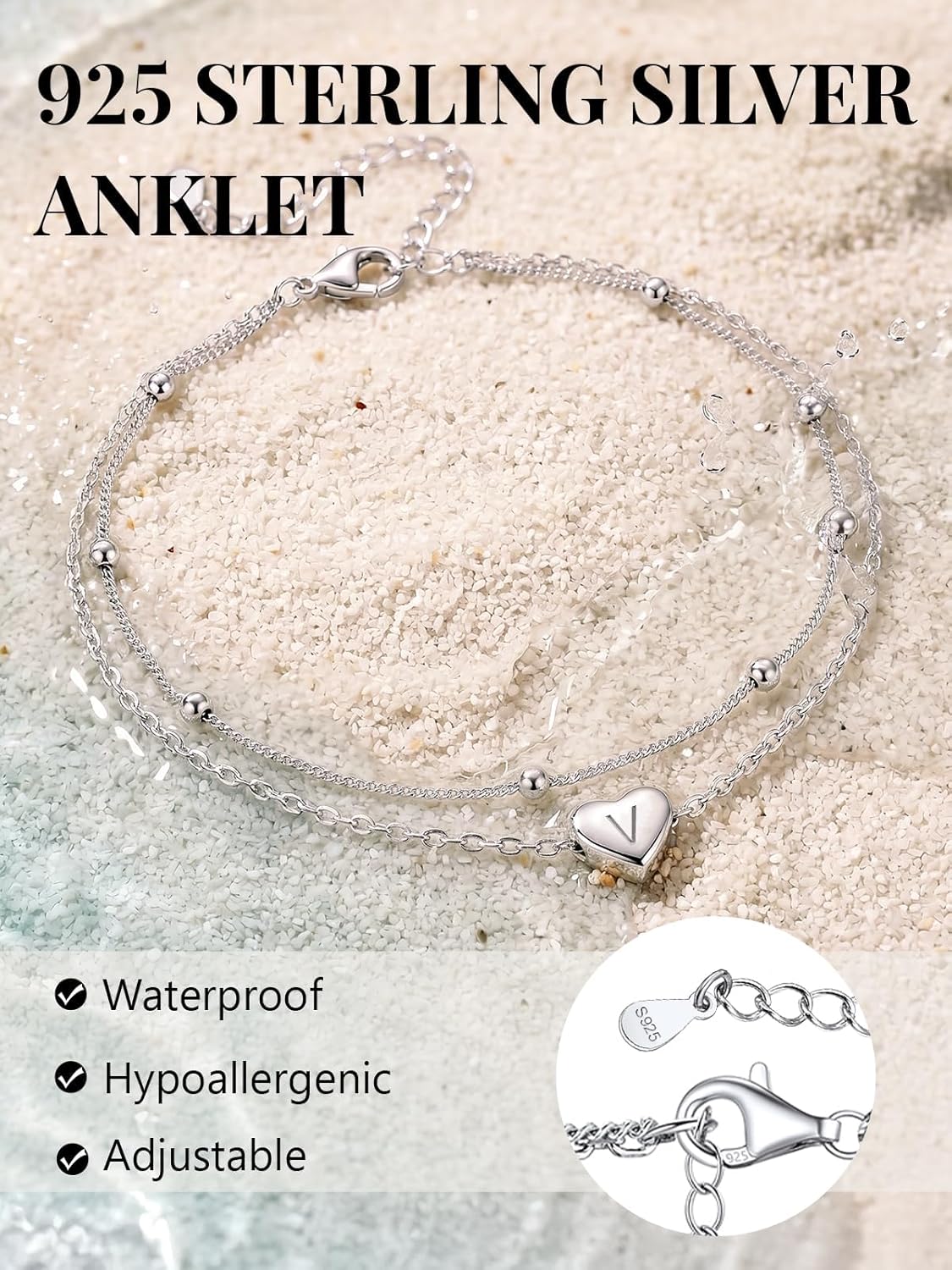Silvora 925 Sterling Silver Anklets for Women Heart Anklet with Beaded Heart Initial Anklets for Women