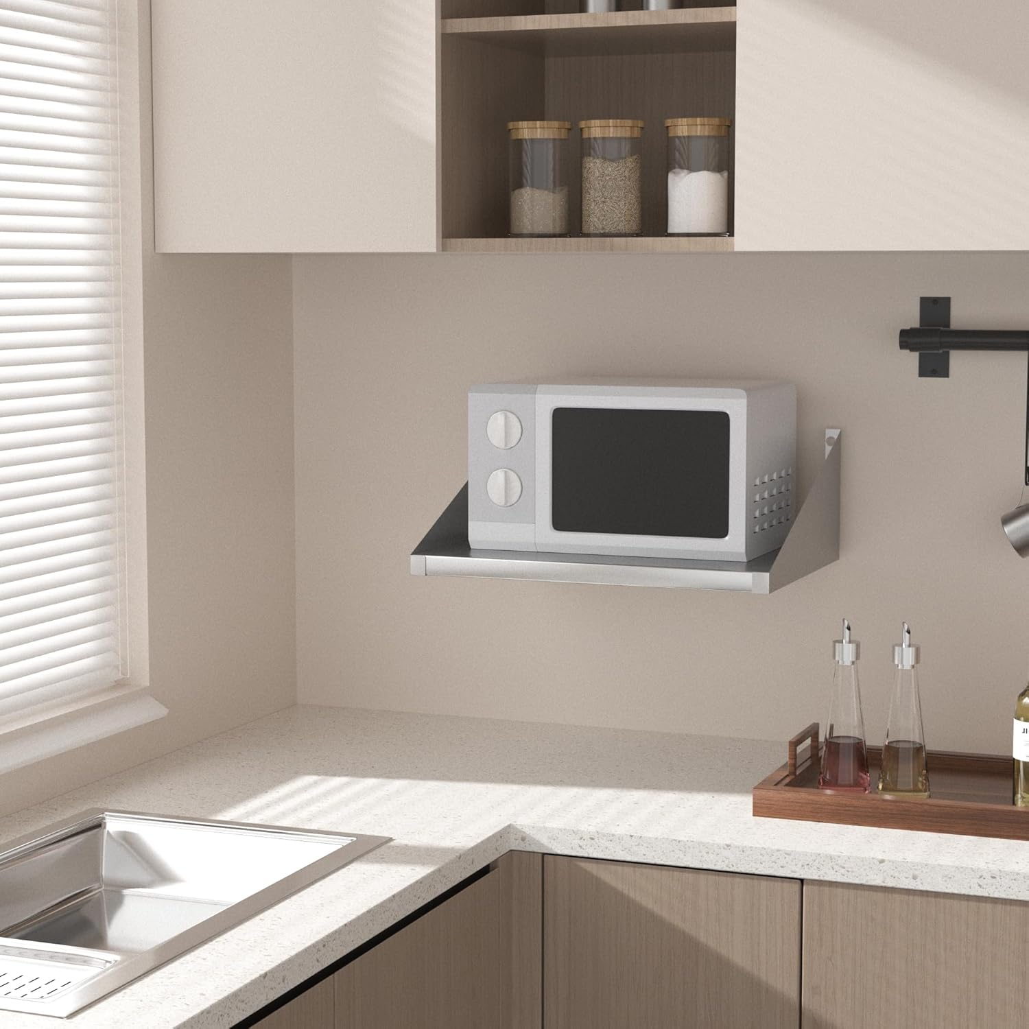 Stainless Steel Microwave Shelf Wall Mount, Commercial 430 Steel Metal Rack, Heavy Duty 150 lbs Floating Shelving, Cord Management Hole for Kitchen, Laundry, Garage 20"x15" 15*20