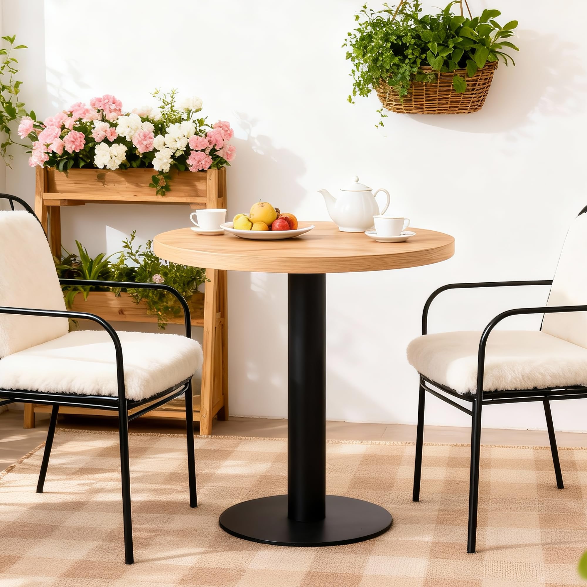 Mingone Esstisch Rund 60cm Küchentisch Klein Esszimmertisch mit Holzplatte Runder Tisch Eiche-Optik mit Metallbein für Wohnzimmer Balkon Esszimmer