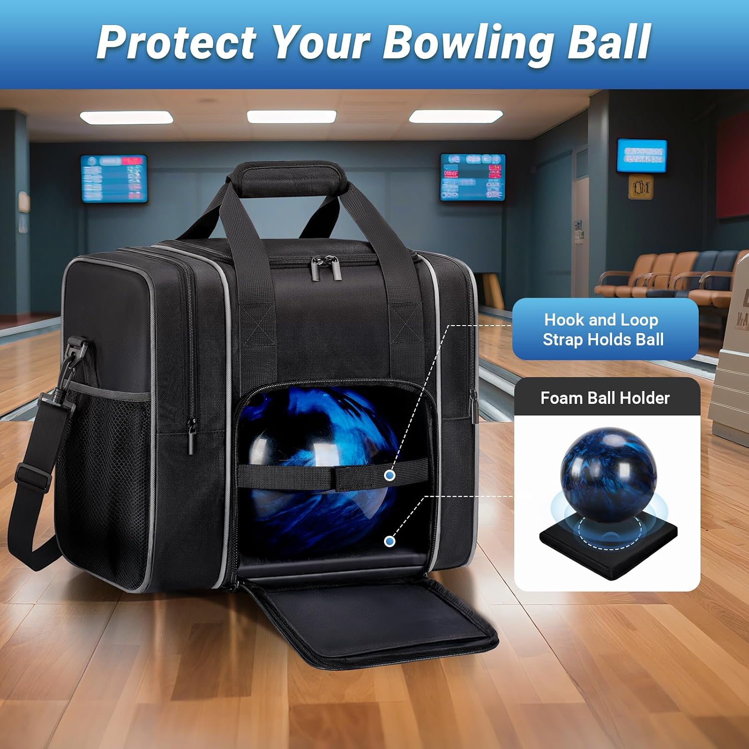 Bosynoy Bowling Ball Bag for Single Ball with Shoe Compartment, 1 Ball Bowling Tote Carrier Fits Shoes Up to Mens Size 14 with Padded Holder & Mutiple Pockets, Black