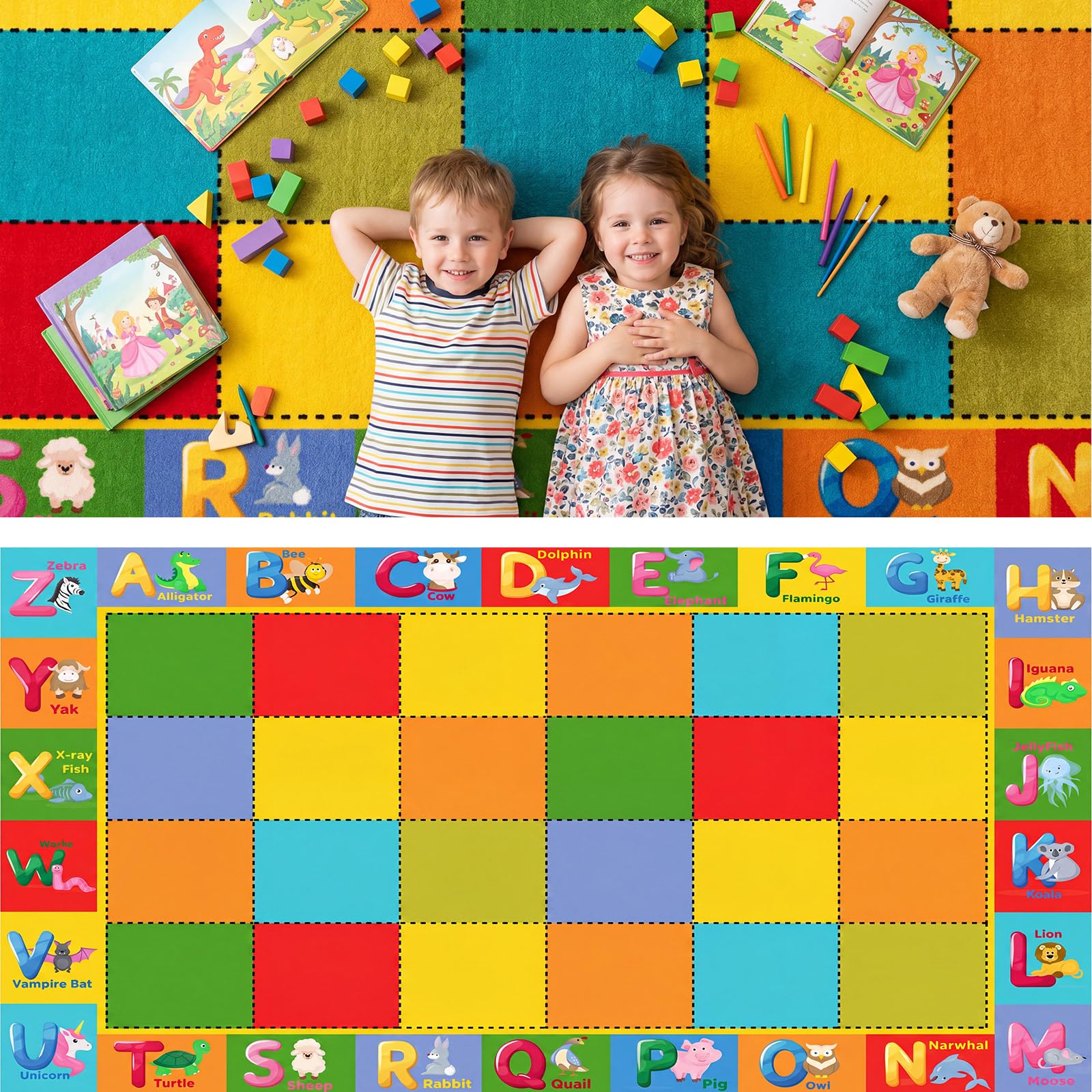 Coume Klassenzimmerteppich, 4 x 2 m, ABC-Alphabet und Tierwörter, Lernteppich, große Lernmatte mit rutschfester Unterseite, für Kinder, Kleinkinder, Vorschule, Kindergarten