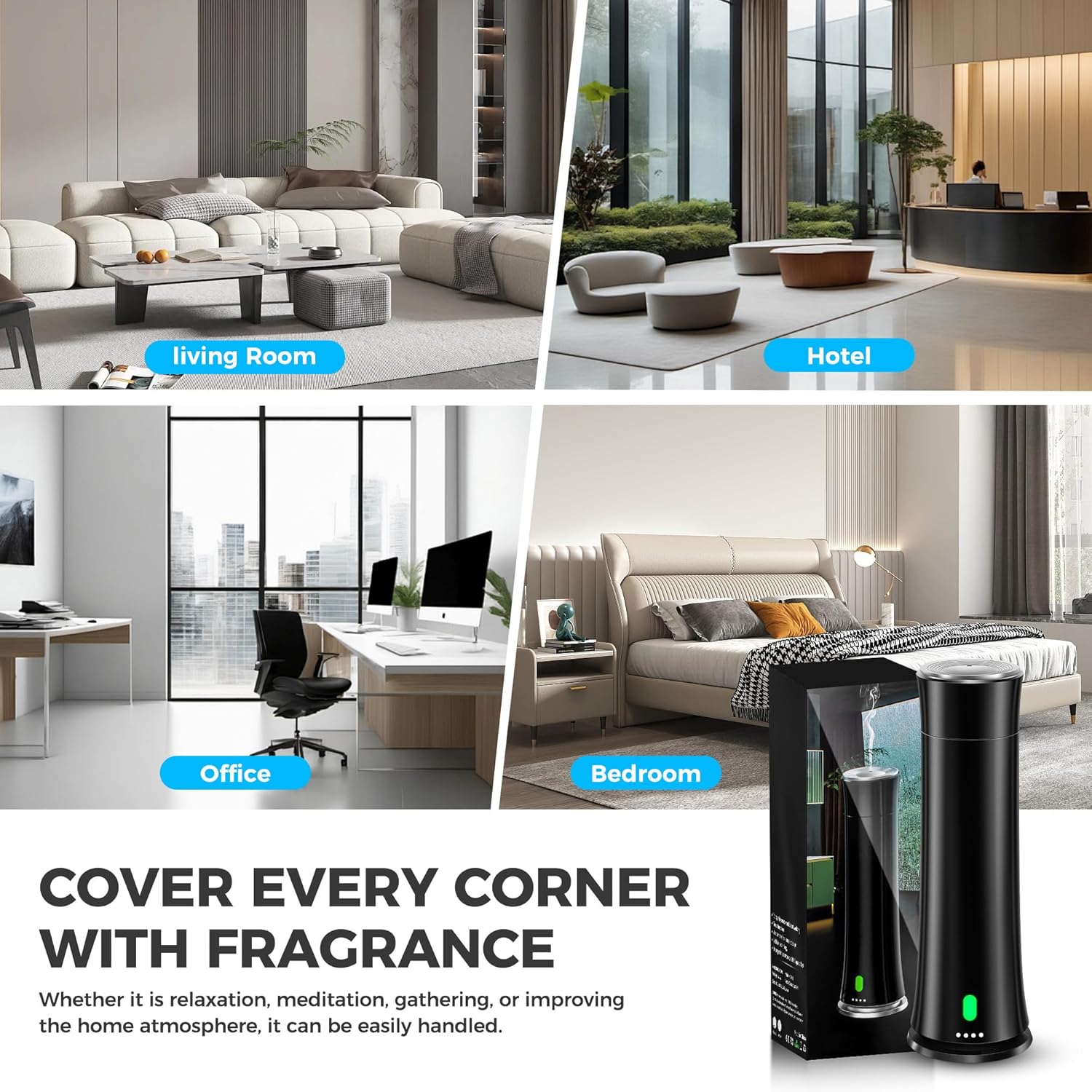 Hotel Scent Diffuser Starter Kit - 1500 Sq Ft Coverage, Hotel Scents Collection, Suitable for Waterless Diffuser Large Room, Contains Five Aromatherapy Essential Oils, Remote Control, Black