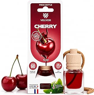 Car Air Freshener Wooden Diffuser 5ml – Made in France Hanging Car Perfume, Sweet Fruity Aroma, Long Lasting Wooden Cap Diffuser Up to 60 Days, Plastic-Free Packaging (Cherry)