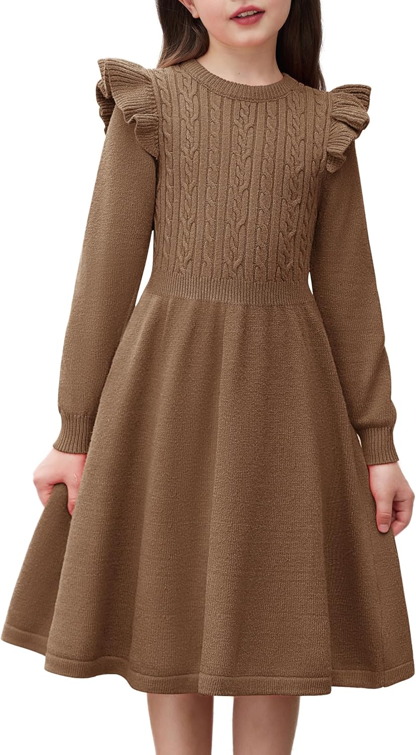 Arshiner Girls Sweater Dress Fall Winter Lantern Long Sleeve Cable Knit Pullover Midi Dresses