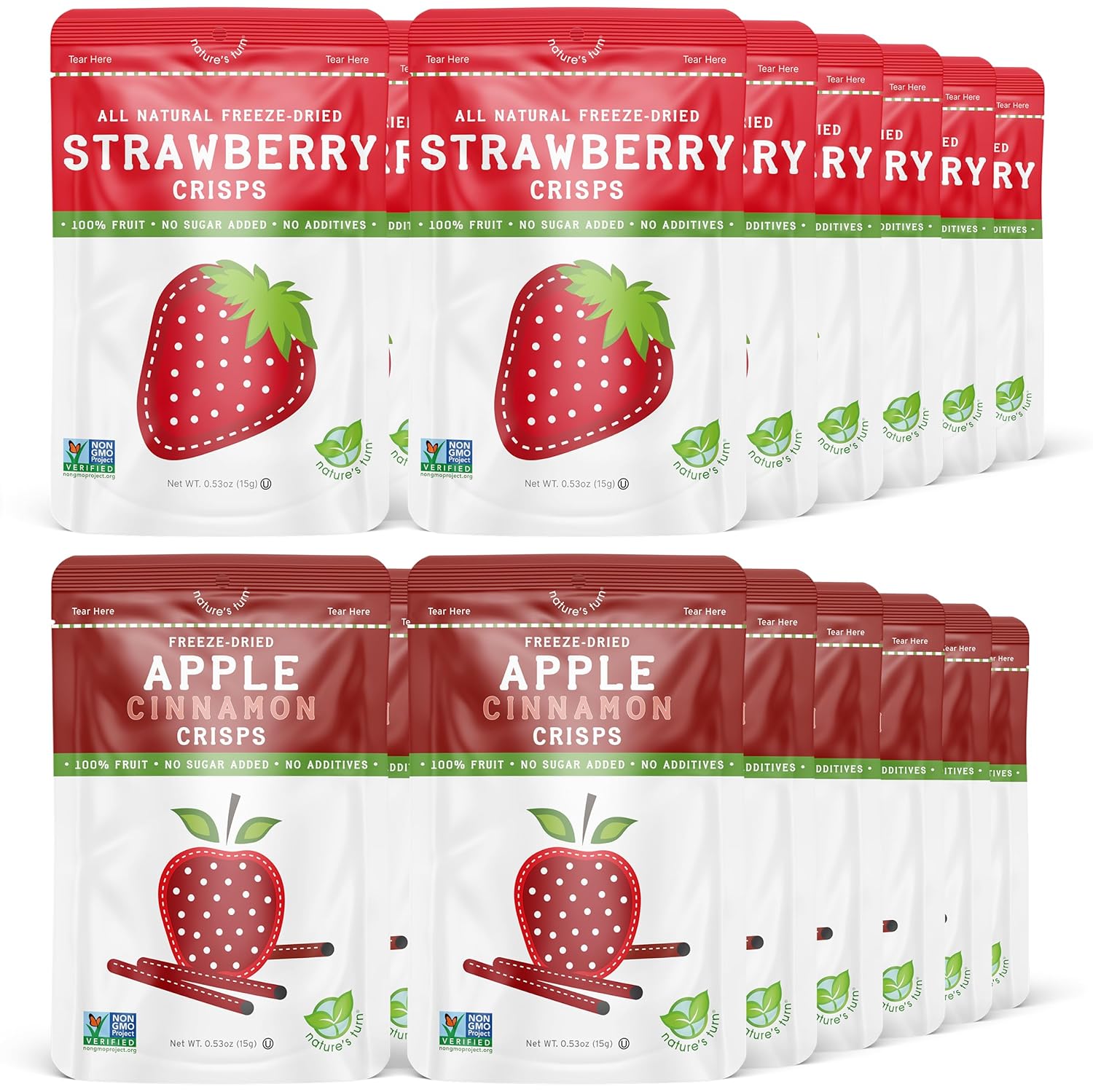 Nature’s Turn Freeze-Dried Fruit Snacks, Strawberry and Apple Cinnamon, Pack of 24 (0.53 oz Each)