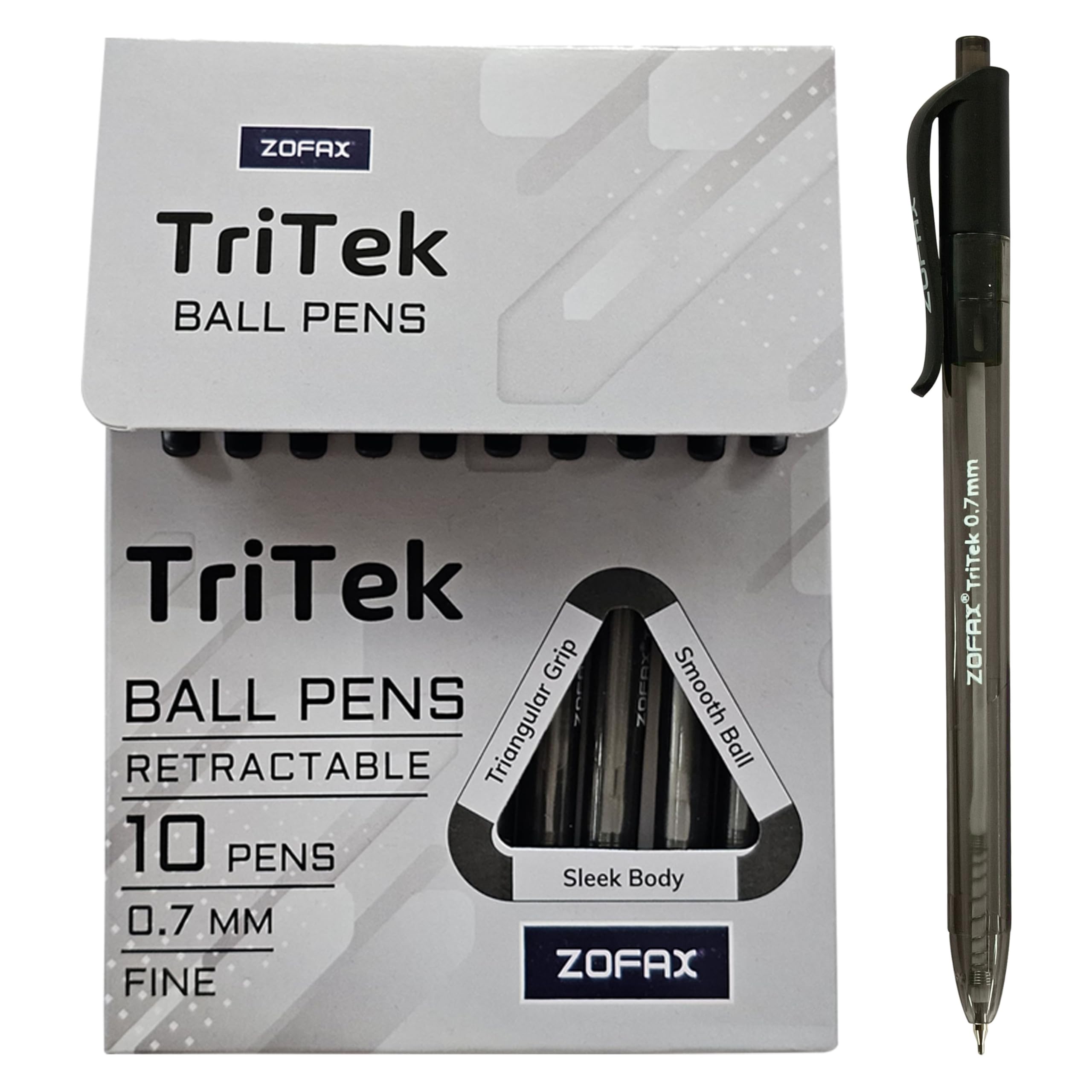 ZOFAX TriTek Retractable Ballpoint Pens, BLACK, Fine Point (0.7mm), Pack of 20, Smooth Writing, Triangular Grip, Bulk Pack, Perfect for School Office Home Business Hospital Work Exam Use