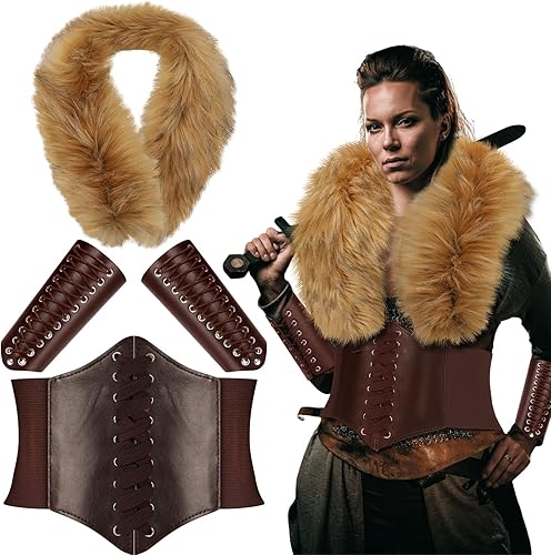 Mepase Juego de 4 piezas de disfraz vikingo incluye cuello de piel sintética para Halloween, cinturón de cintura con cordones, 2 pulseras de cuero