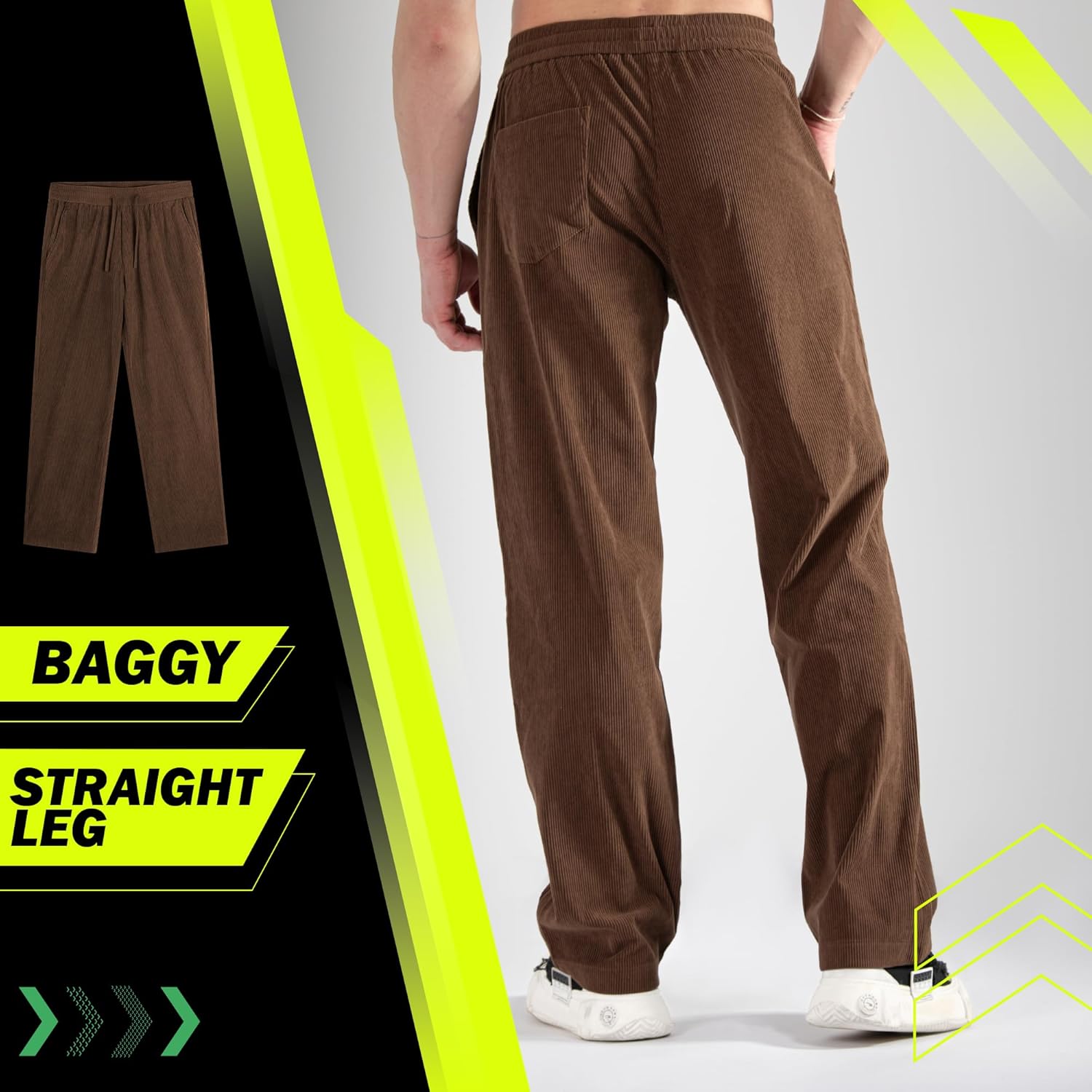 Mens Corduroy Casual Pants Warm Straight Leg Loose Fit with Pockets Drawstring Elastic Waist Vintage Sweatpants Baggy Brown - Image 4