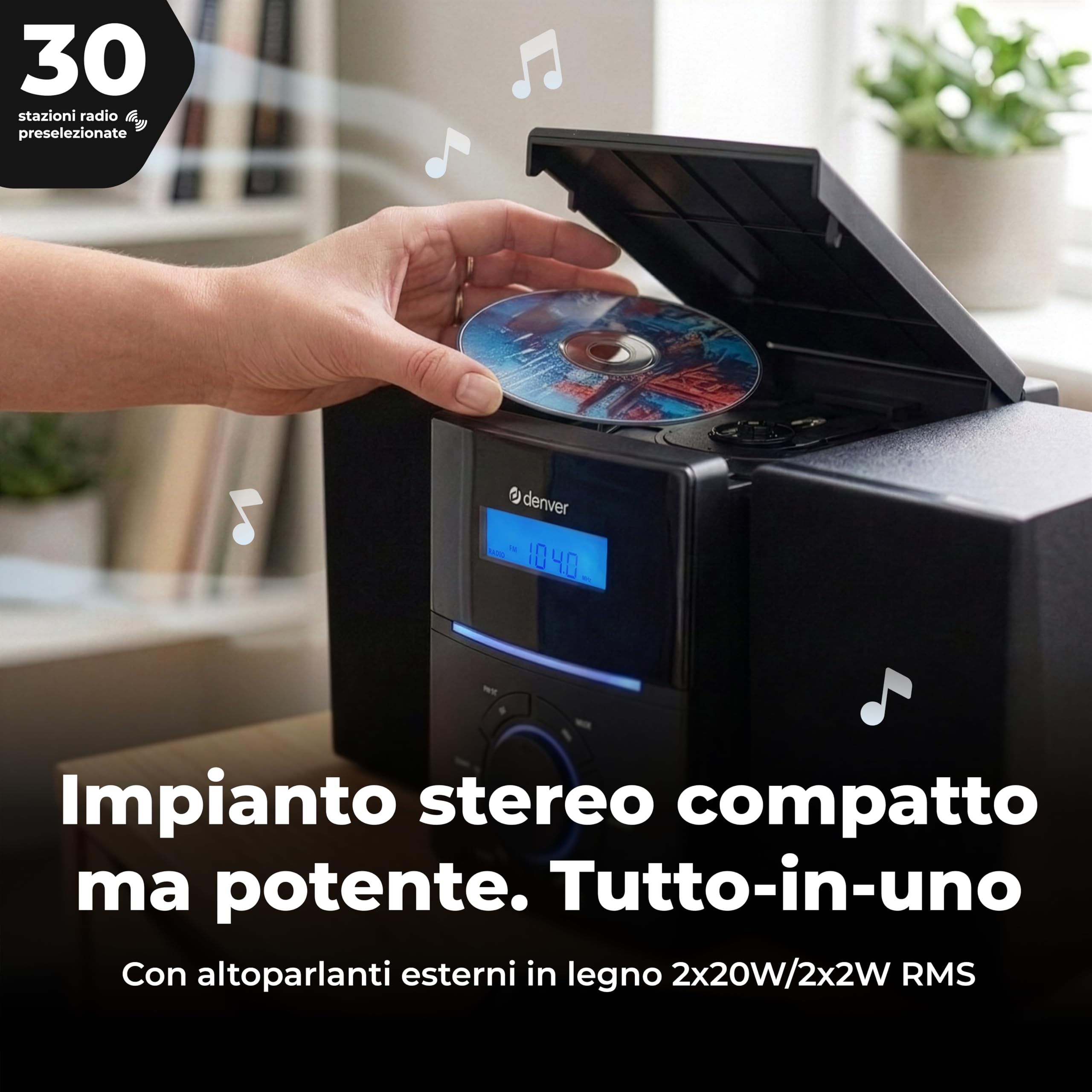 Denver MCA-240 – Impianto stereo casa con lettore CD HiFi, radio FM, sveglia doppia, AUX, telecomando incluso – Mini stereo compatto per casa
