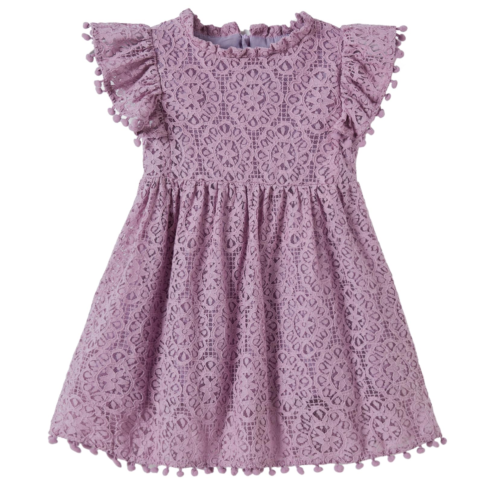 Niyage Toddler Girls Elegant Lace Pom Pom Flutter Sleeve Party Princess Dress