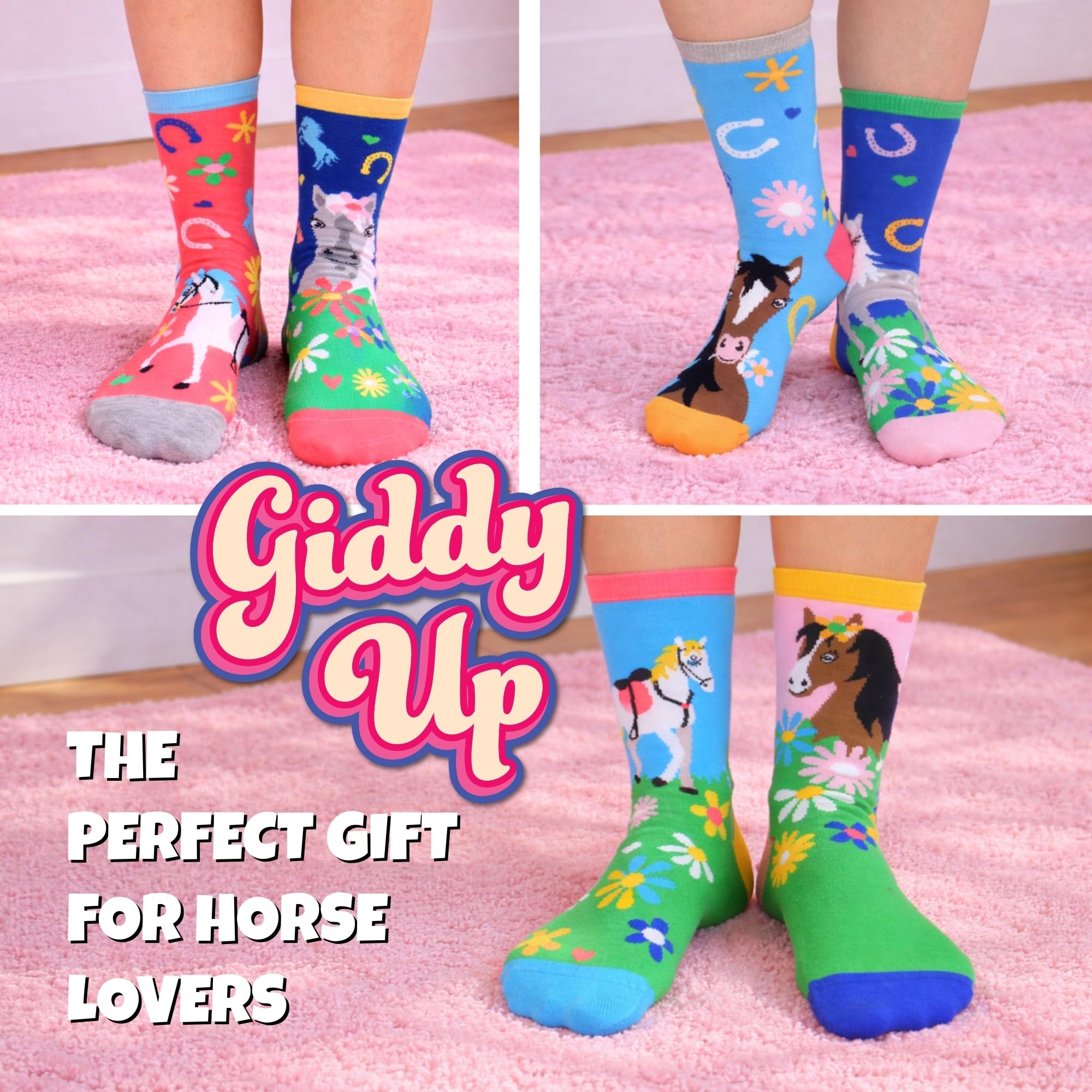 United Oddsocks Giddy Up Box of 6 Horsey Oddsocks For Girls UK 12-5.5 EUR 30.5-38.5